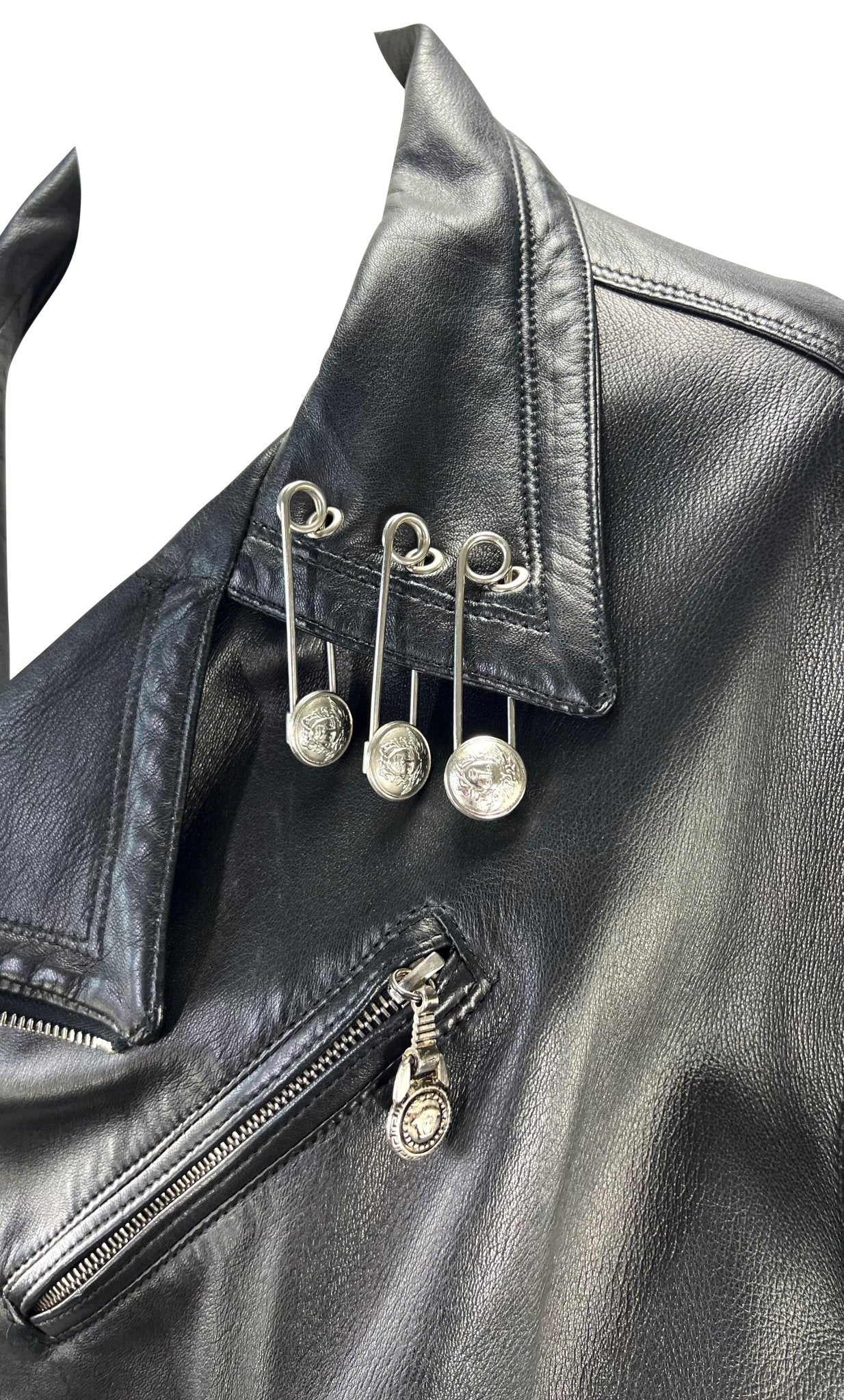 S/S 1994 Gianni Versace Medusa Safety Pin Leather Belted Moto Jacket - RealList