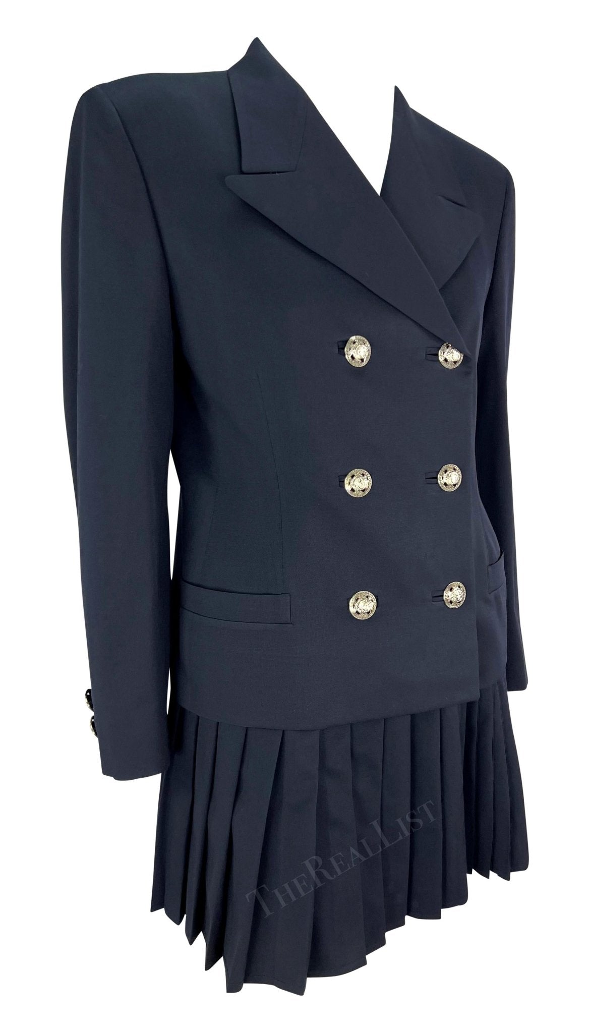 S/S 1994 Gianni Versace Navy Medusa Double - Breasted Pleated Mini Skirt Suit - RealList