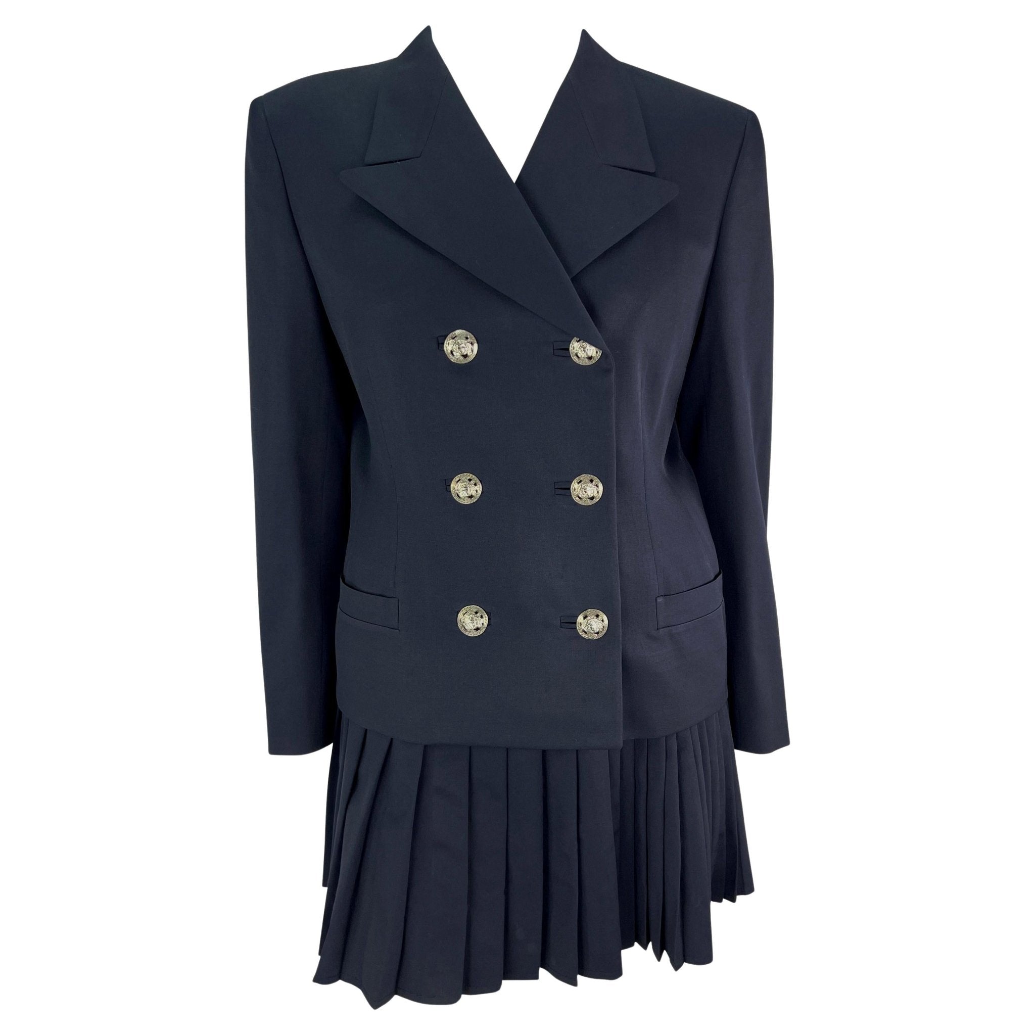 S/S 1994 Gianni Versace Navy Medusa Double - Breasted Pleated Mini Skirt Suit - RealList