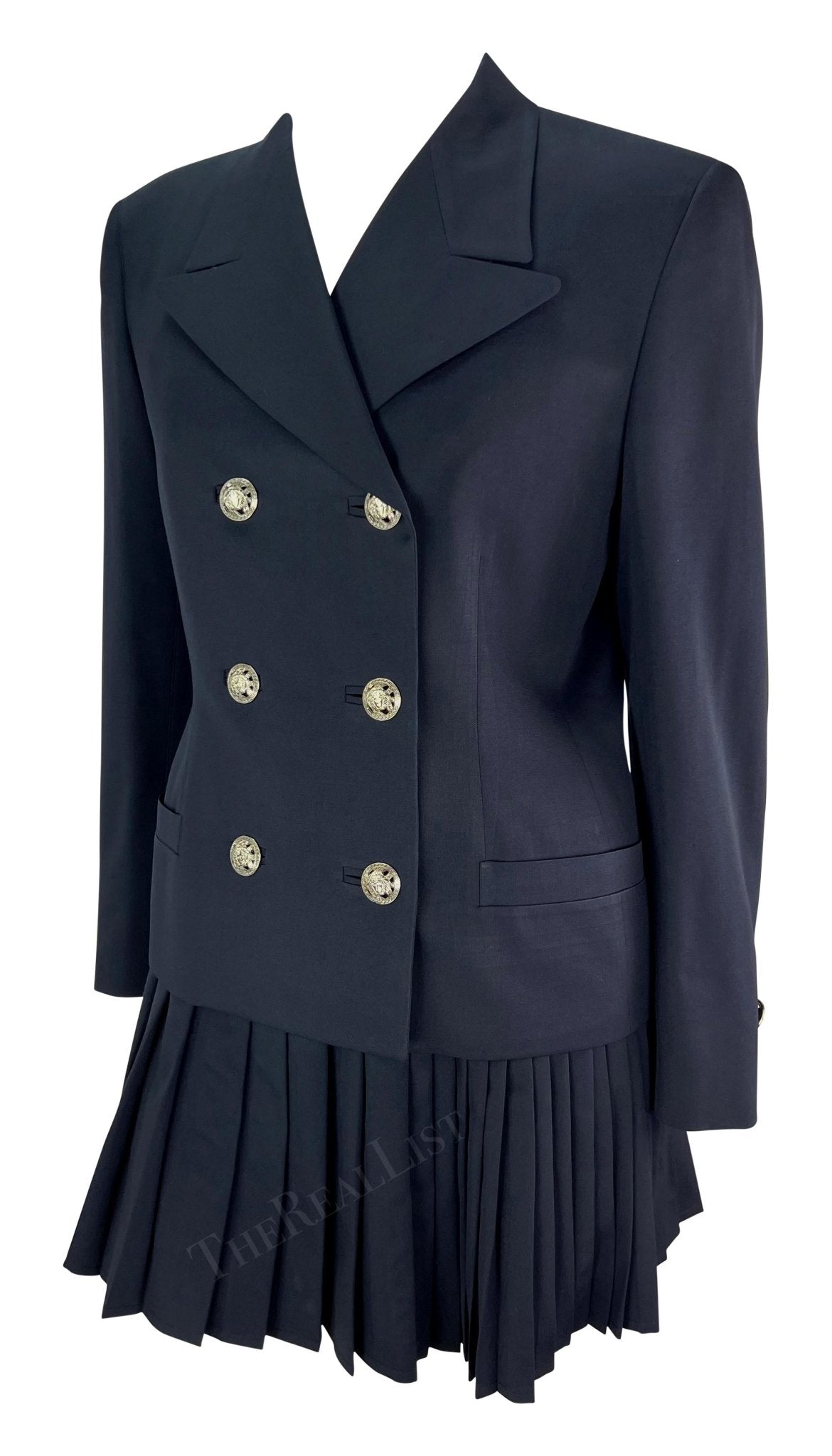 S/S 1994 Gianni Versace Navy Medusa Double - Breasted Pleated Mini Skirt Suit - RealList