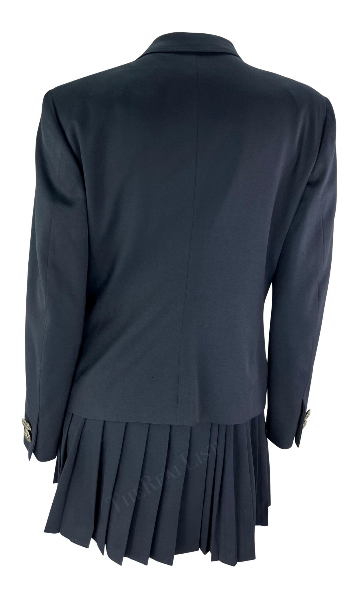 S/S 1994 Gianni Versace Navy Medusa Double - Breasted Pleated Mini Skirt Suit - RealList