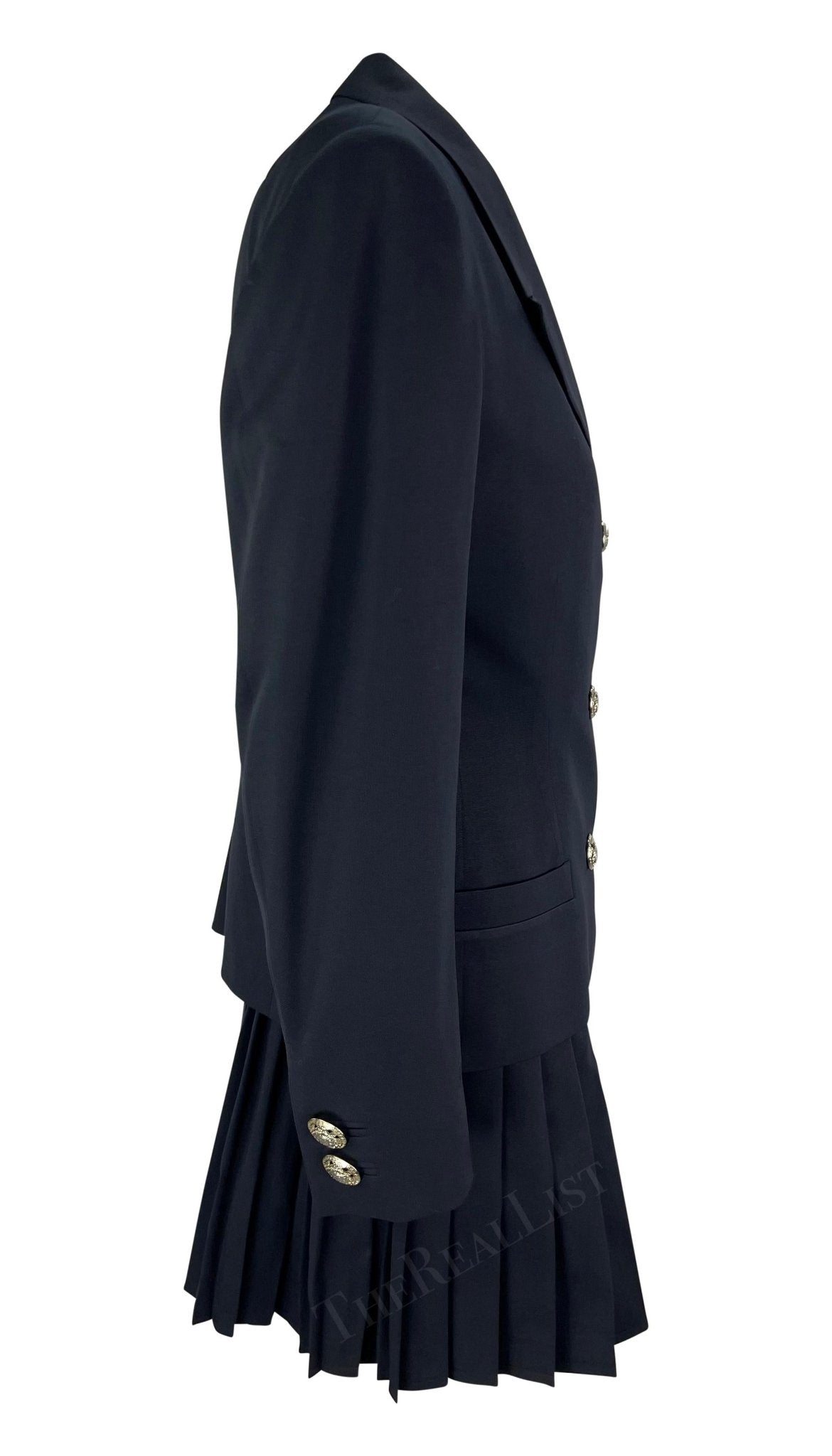 S/S 1994 Gianni Versace Navy Medusa Double - Breasted Pleated Mini Skirt Suit - RealList