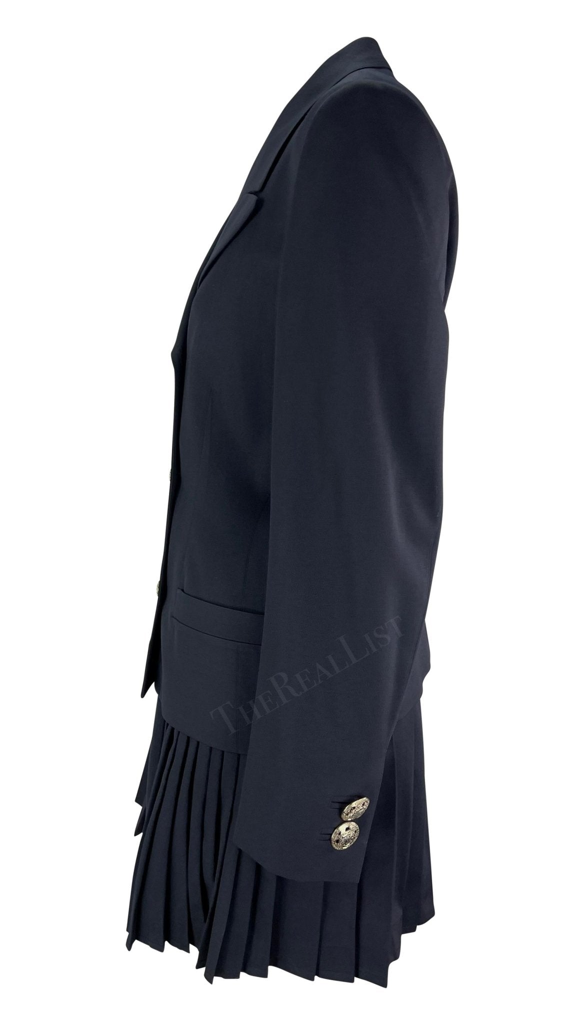 S/S 1994 Gianni Versace Navy Medusa Double - Breasted Pleated Mini Skirt Suit - RealList