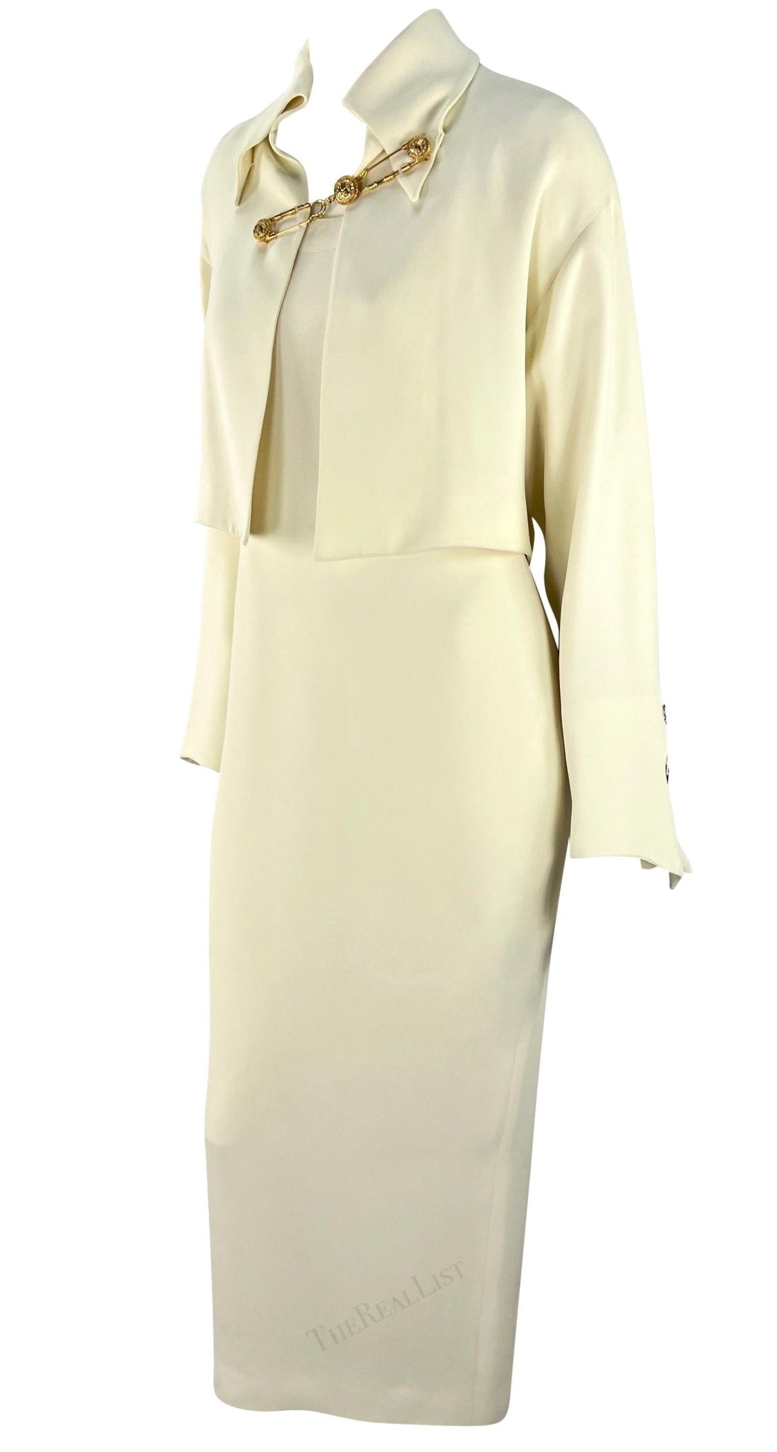 S/S 1994 Gianni Versace Off - White Medusa Safety Pin Cropped Jacket Dress Set - RealList