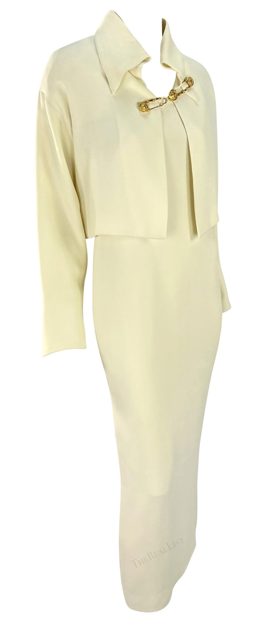 S/S 1994 Gianni Versace Off - White Medusa Safety Pin Cropped Jacket Dress Set - RealList