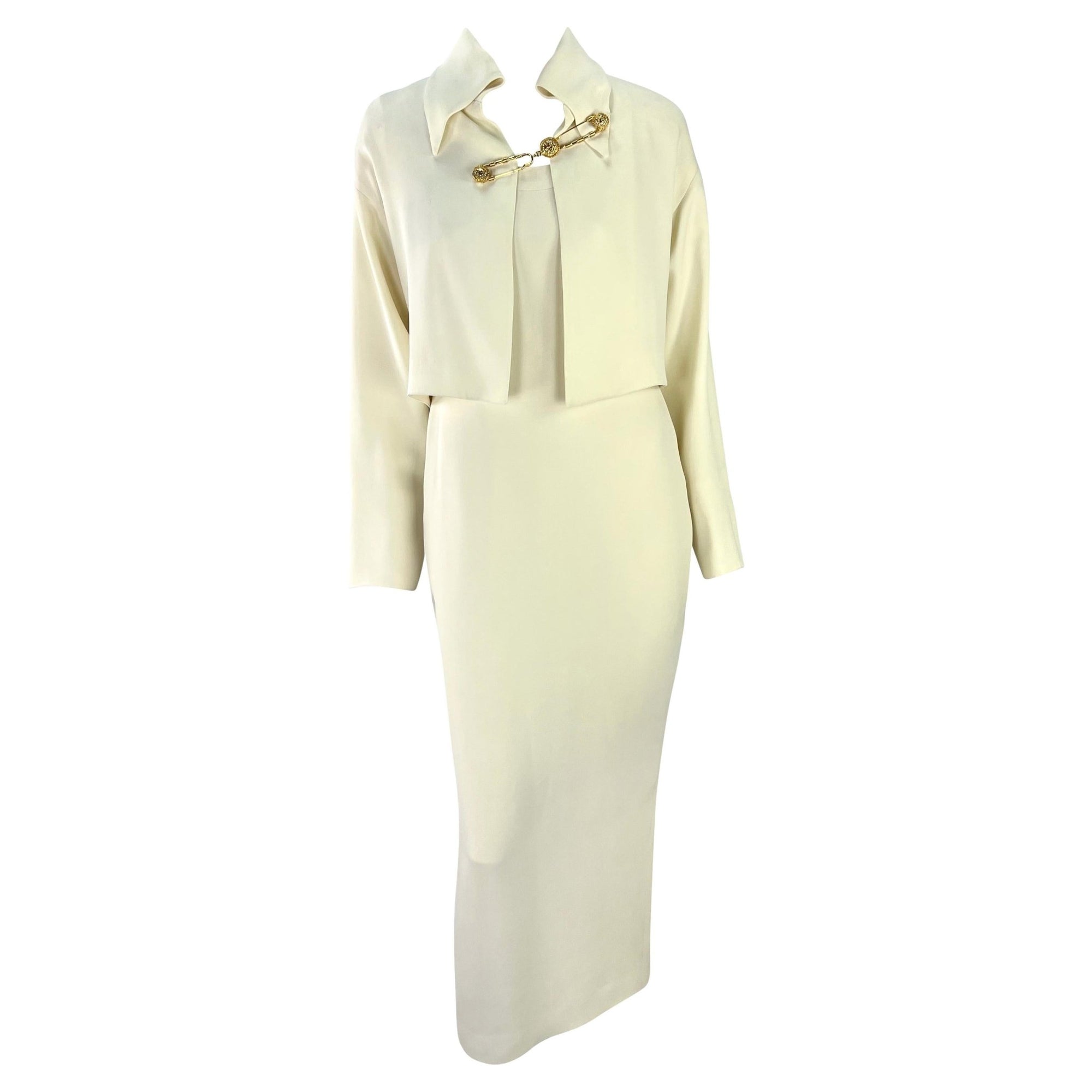 S/S 1994 Gianni Versace Off - White Medusa Safety Pin Cropped Jacket Dress Set - RealList