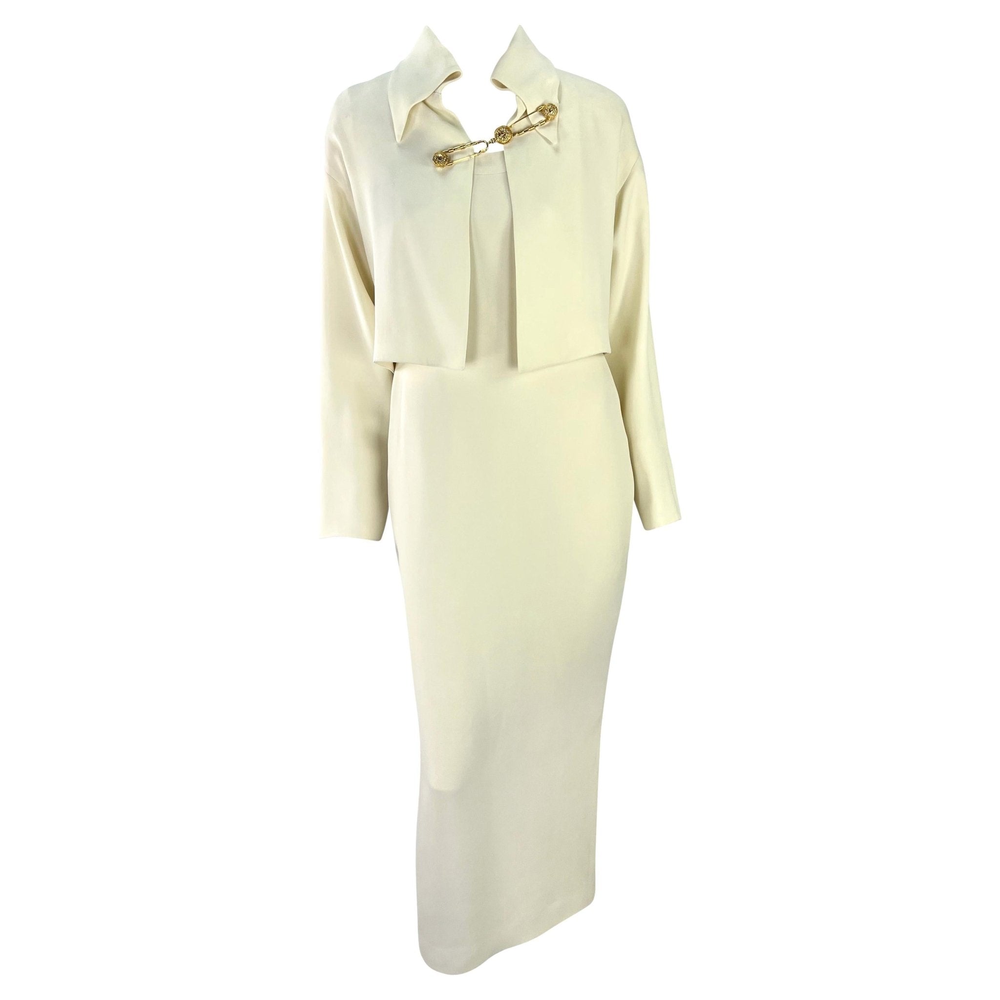 S/S 1994 Gianni Versace Off - White Medusa Safety Pin Cropped Jacket Dress Set - RealList