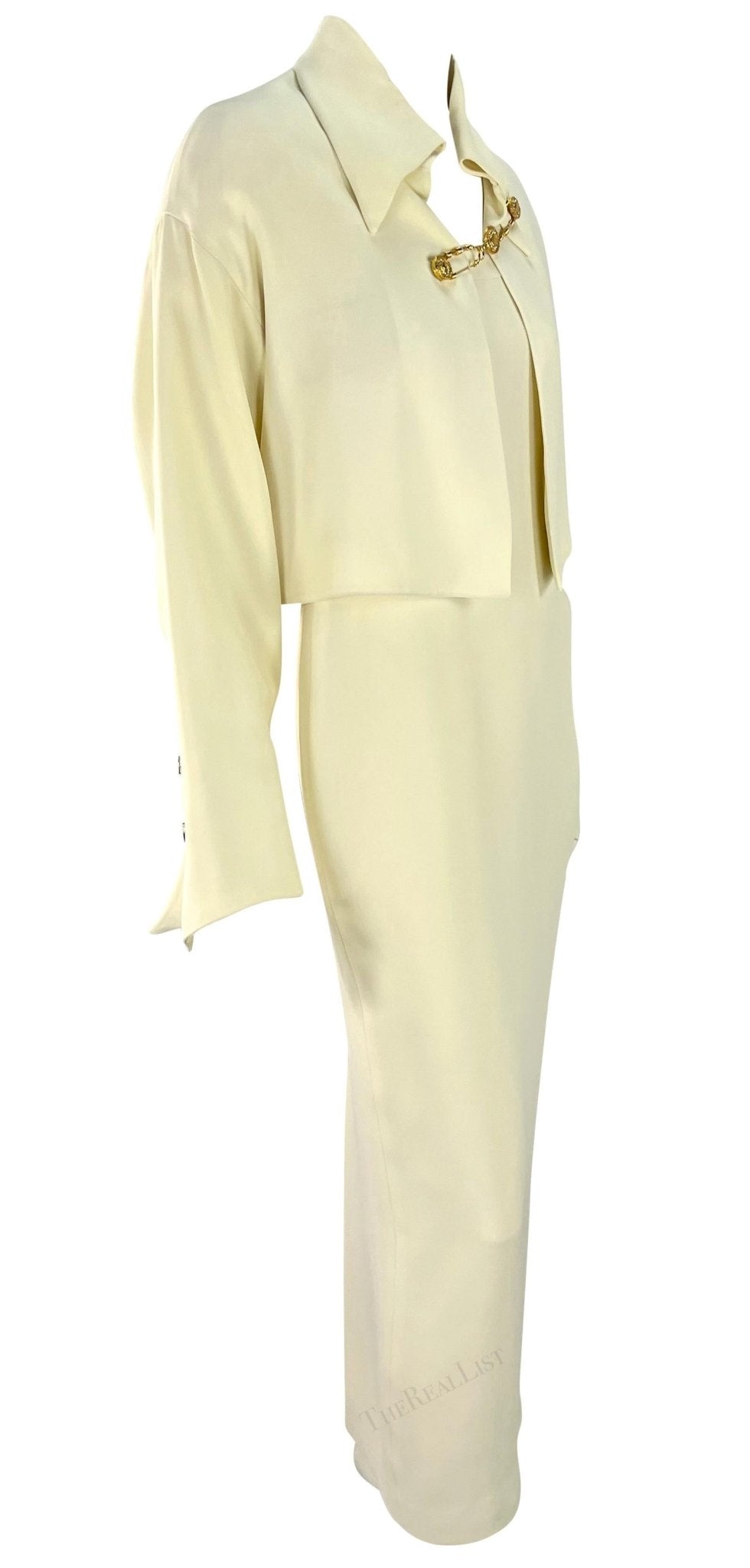 S/S 1994 Gianni Versace Off - White Medusa Safety Pin Cropped Jacket Dress Set - RealList