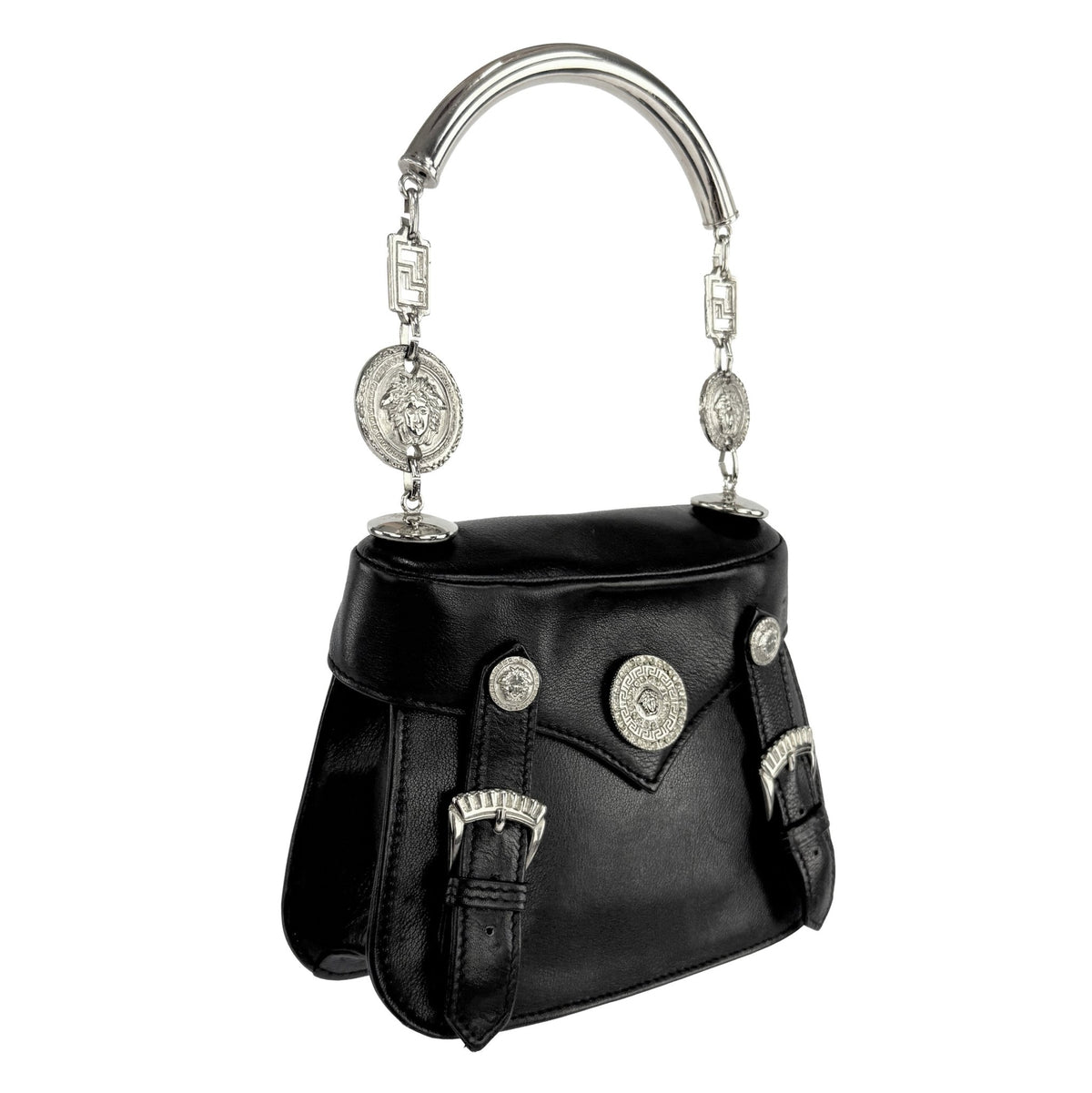 S/S 1994 Gianni Versace Rhinestone Medusa Medallion Black Leather Top Handle Small Bag - RealList