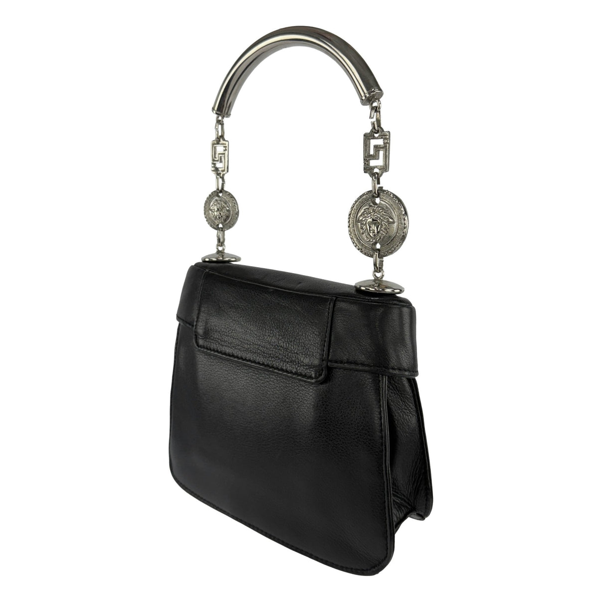 S/S 1994 Gianni Versace Rhinestone Medusa Medallion Black Leather Top Handle Small Bag - RealList
