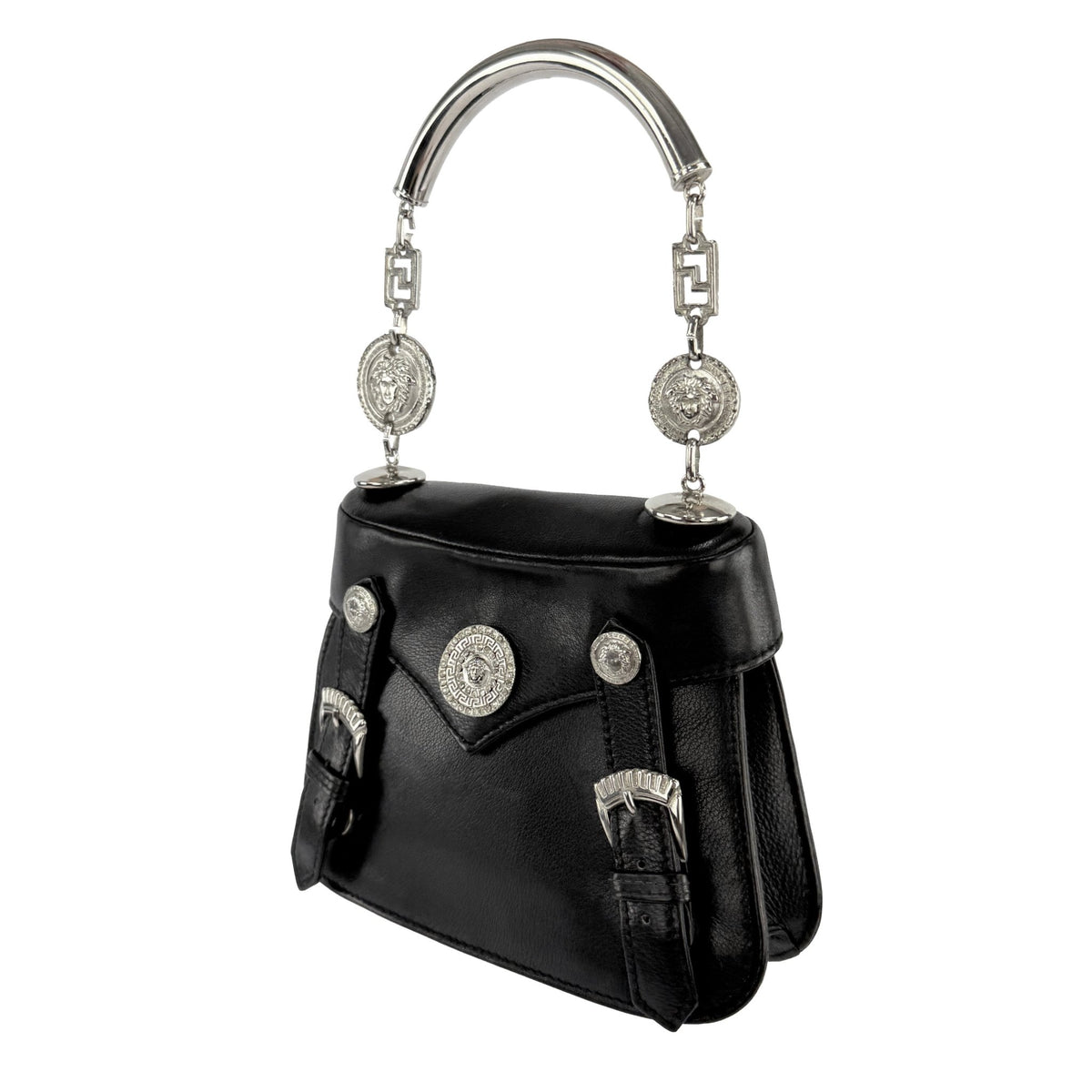 S/S 1994 Gianni Versace Rhinestone Medusa Medallion Black Leather Top Handle Small Bag - RealList