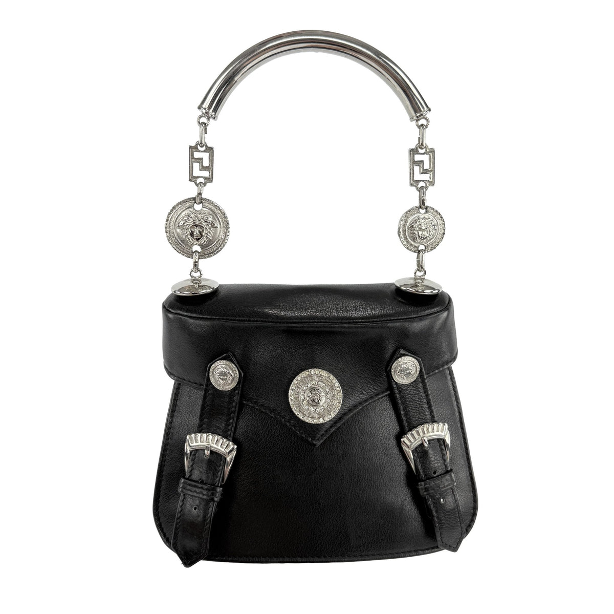 S/S 1994 Gianni Versace Rhinestone Medusa Medallion Black Leather Top Handle Small Bag - RealList
