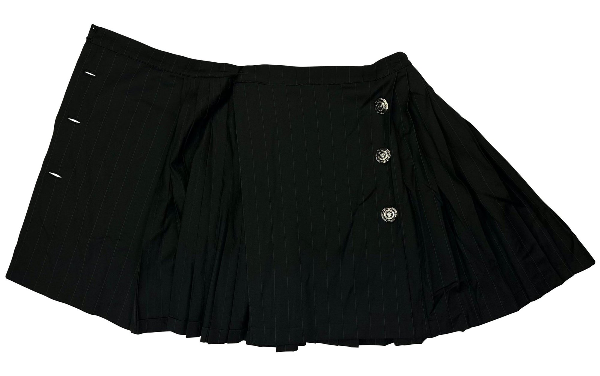 S/S 1994 Gianni Versace Runway Ad Pinstripe Medusa Wrap Pleated Mini Skirt - RealList