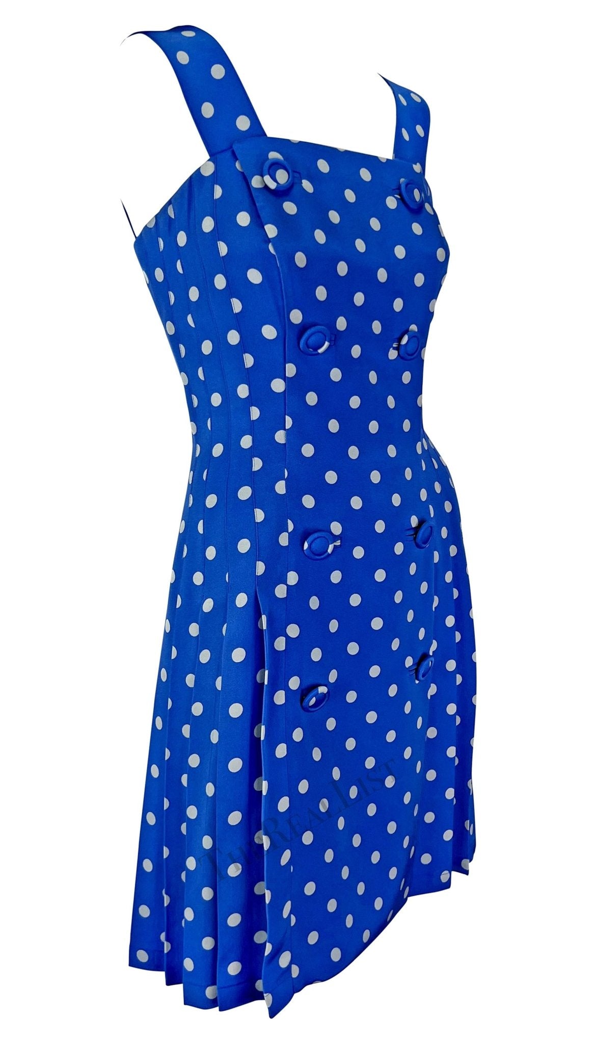 S/S 1994 Gianni Versace Runway Blue Polka Dot Pleated Double Breasted Dress - RealList