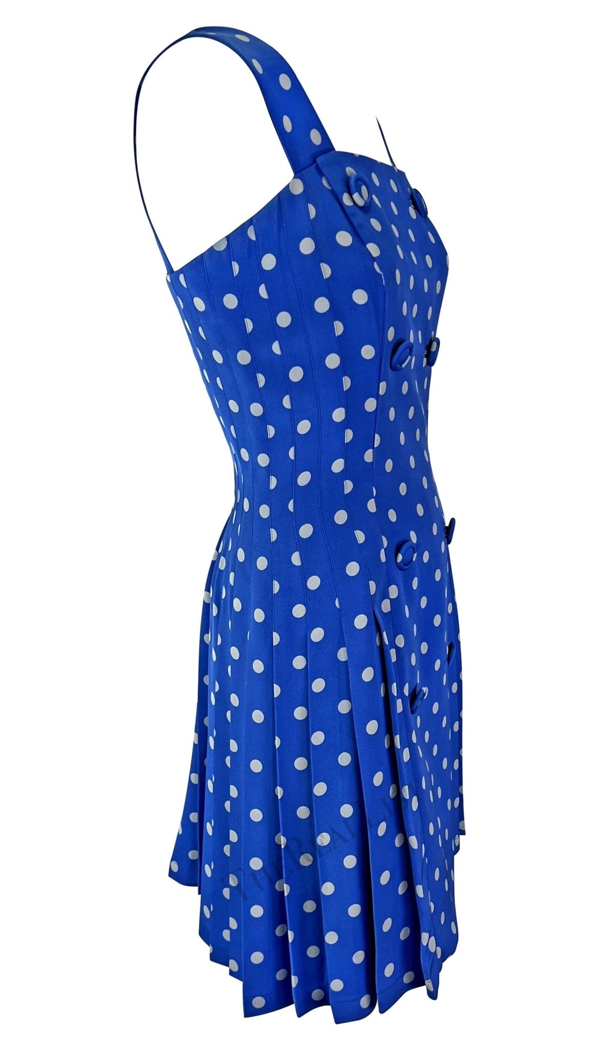 S/S 1994 Gianni Versace Runway Blue Polka Dot Pleated Double Breasted Dress - RealList
