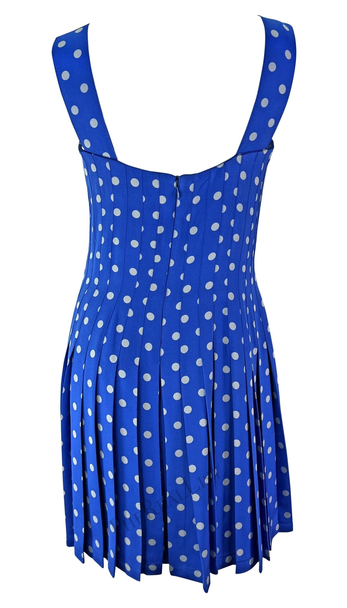 S/S 1994 Gianni Versace Runway Blue Polka Dot Pleated Double Breasted Dress - RealList