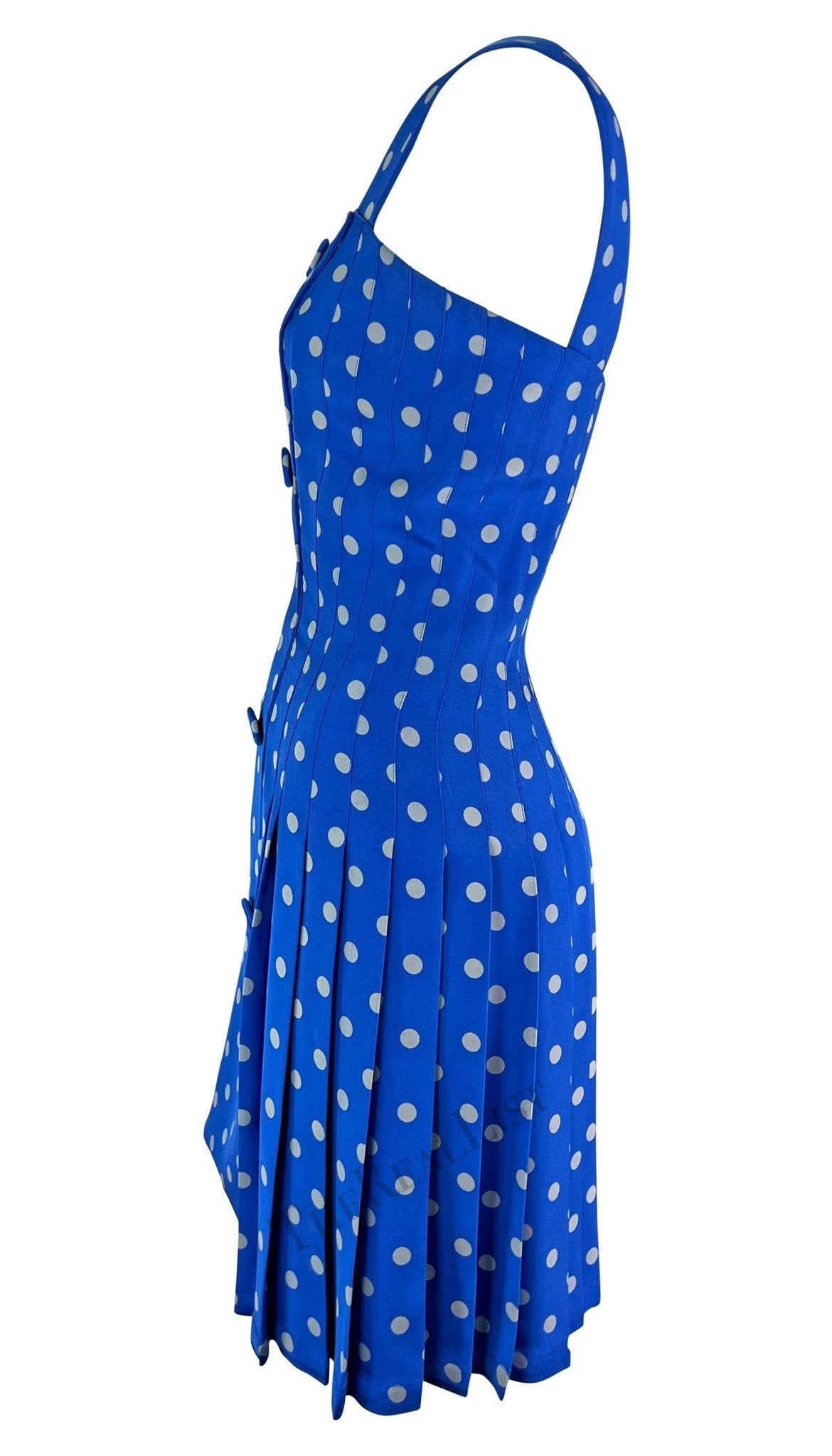 S/S 1994 Gianni Versace Runway Blue Polka Dot Pleated Double Breasted Dress - RealList