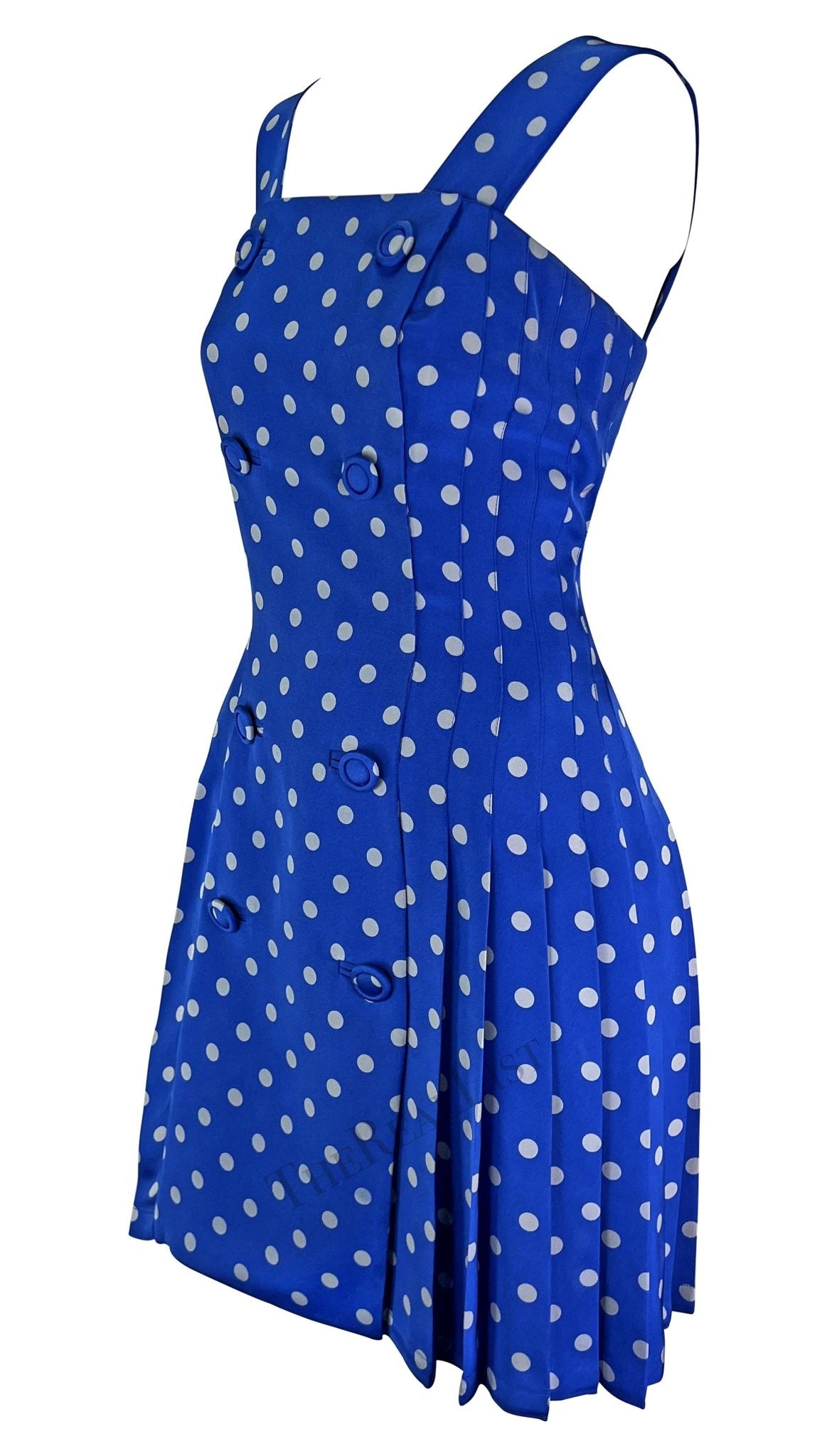 S/S 1994 Gianni Versace Runway Blue Polka Dot Pleated Double Breasted Dress - RealList