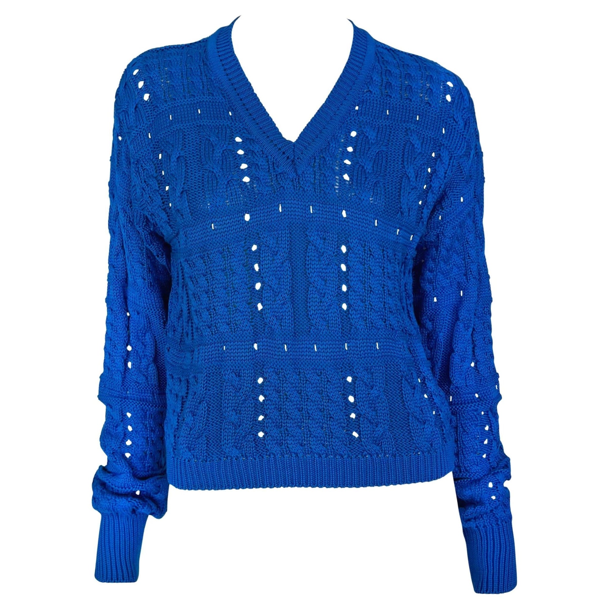 S/S 1994 Gianni Versace Runway Bright Blue V - Neck Cable - Knit Sweater Top - RealList