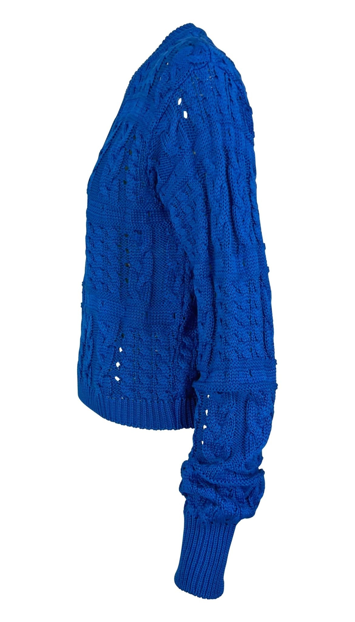 S/S 1994 Gianni Versace Runway Bright Blue V - Neck Cable - Knit Sweater Top - RealList
