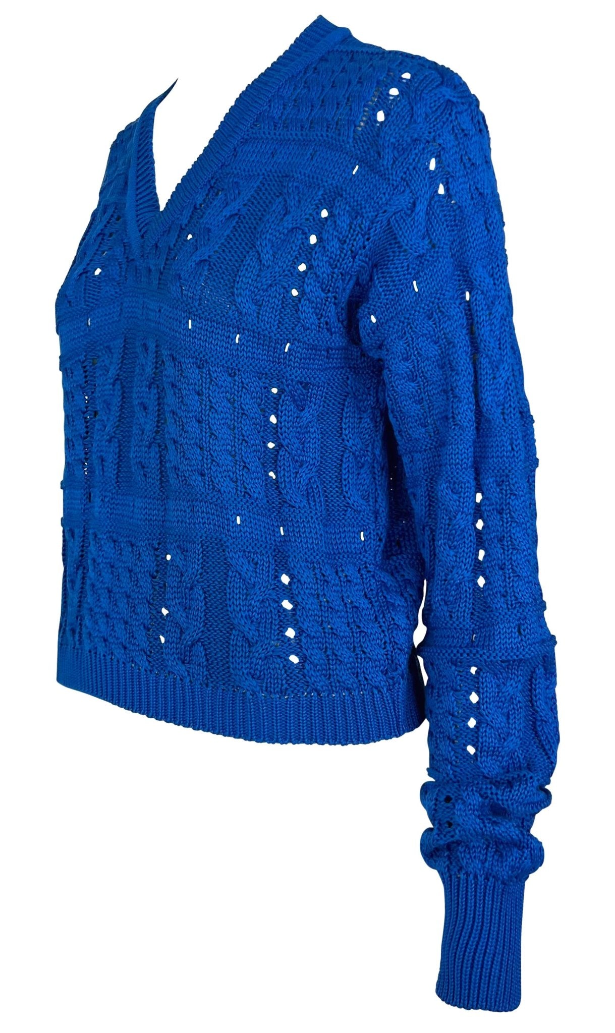 S/S 1994 Gianni Versace Runway Bright Blue V - Neck Cable - Knit Sweater Top - RealList