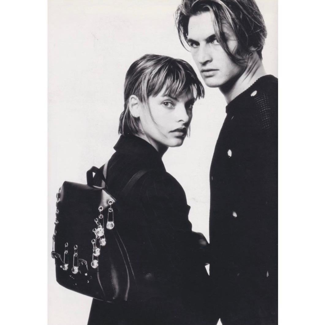 S/S 1994 Gianni Versace Safety Pin Cut Out Black Leather Mini Runway Backpack - RealList