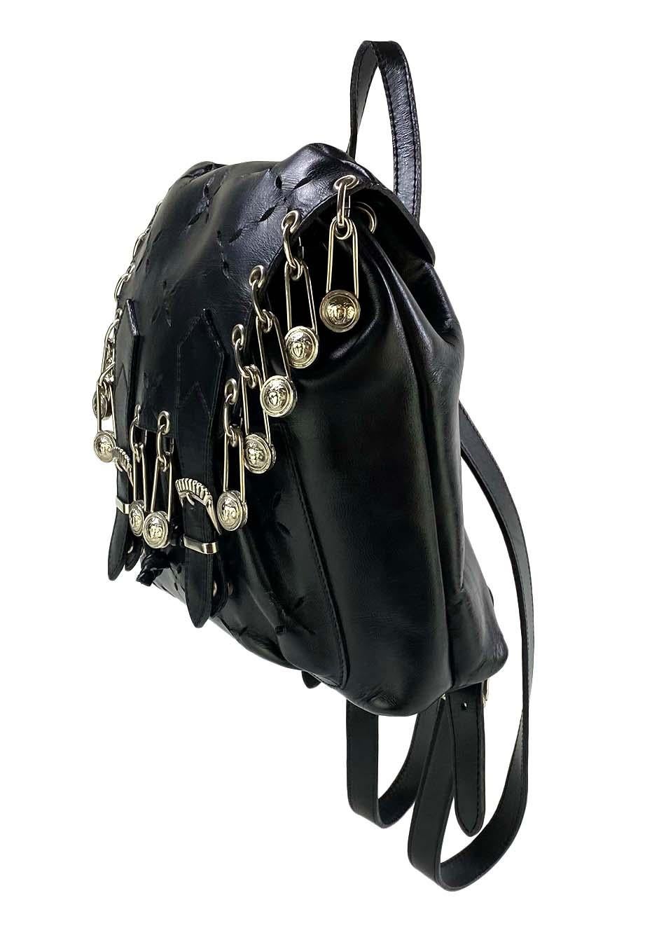 S/S 1994 Gianni Versace Safety Pin Cut Out Black Leather Mini Runway Backpack - RealList