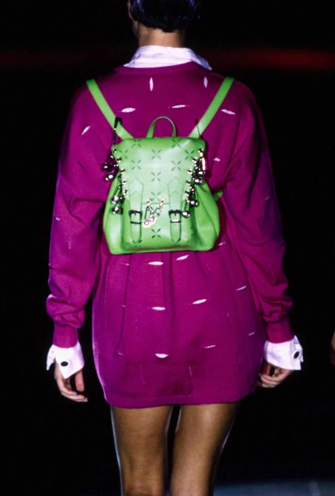 S/S 1994 Gianni Versace Safety Pin Cut Out Black Leather Mini Runway Backpack - RealList