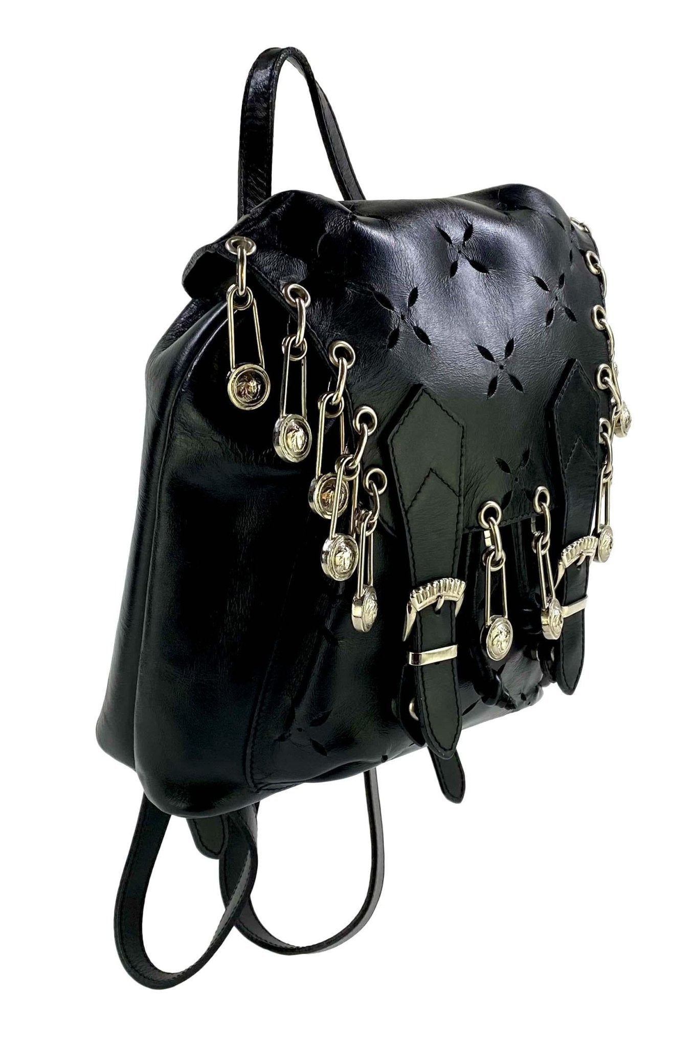 S/S 1994 Gianni Versace Safety Pin Cut Out Black Leather Mini Runway Backpack - RealList