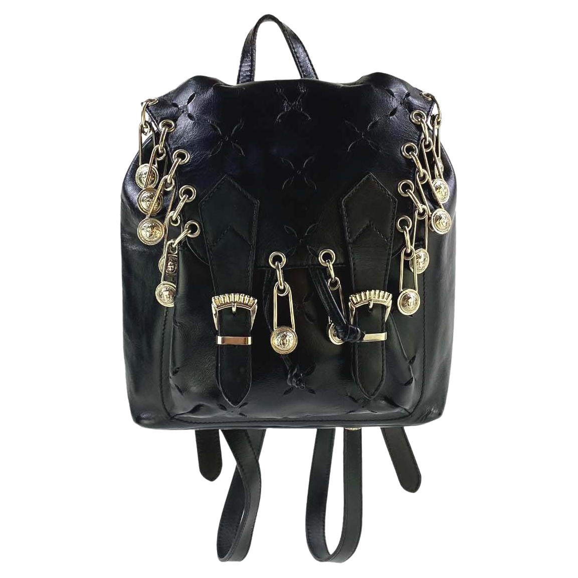 S/S 1994 Gianni Versace Safety Pin Cut Out Black Leather Mini Runway Backpack - RealList