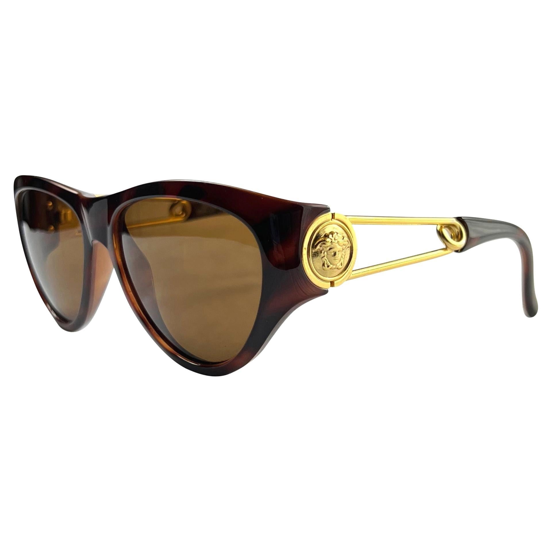 S/S 1994 Gianni Versace Safety Pin Medusa Gold Brown Acetate Sunglasses - RealList
