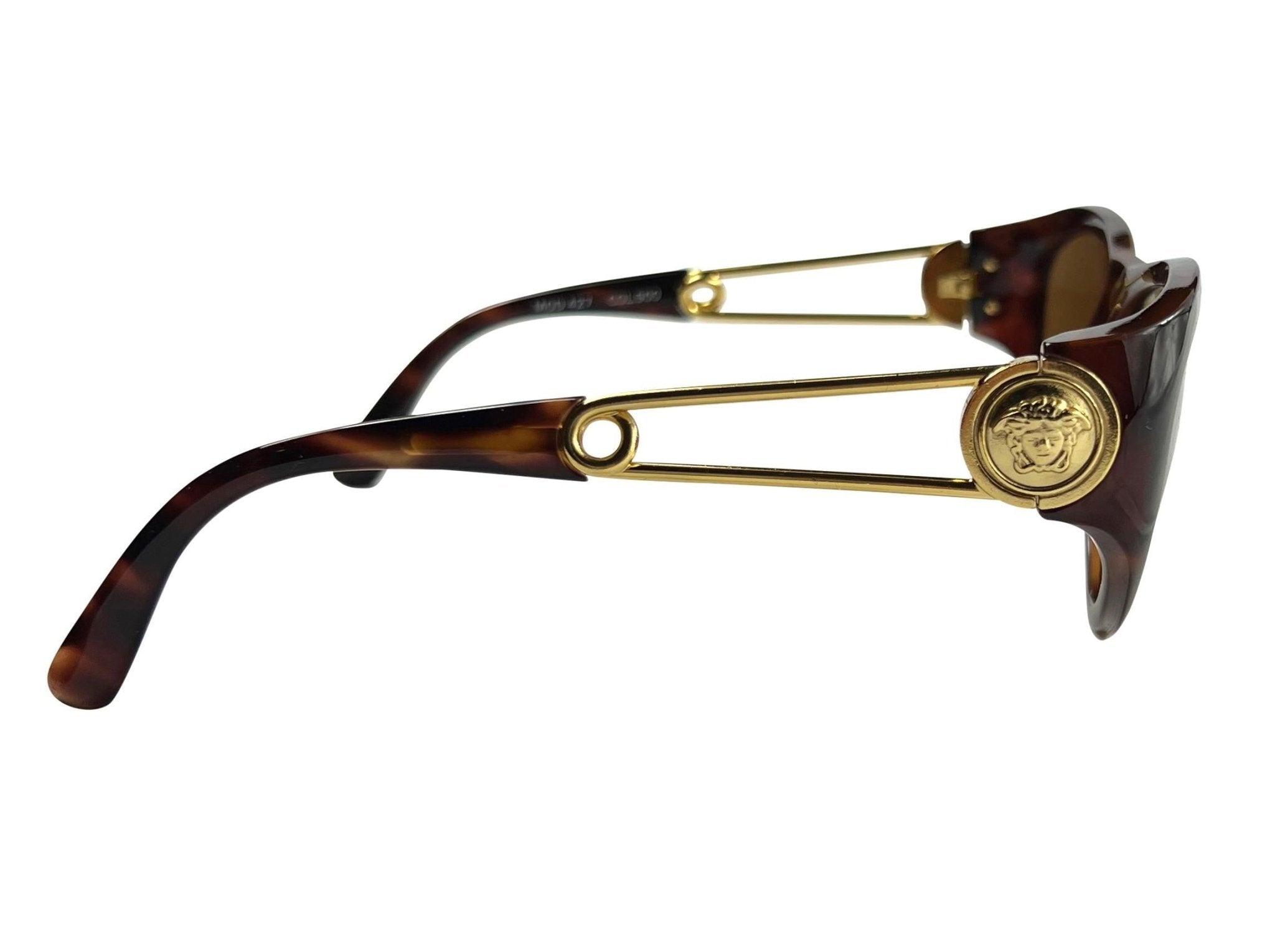 S/S 1994 Gianni Versace Safety Pin Medusa Gold Brown Acetate Sunglasses - RealList