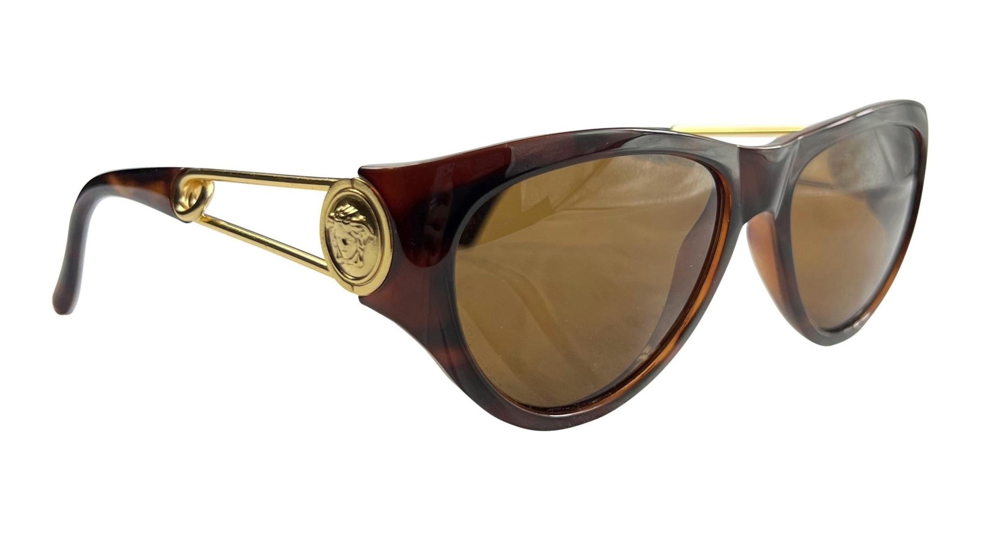S/S 1994 Gianni Versace Safety Pin Medusa Gold Brown Acetate Sunglasses - RealList