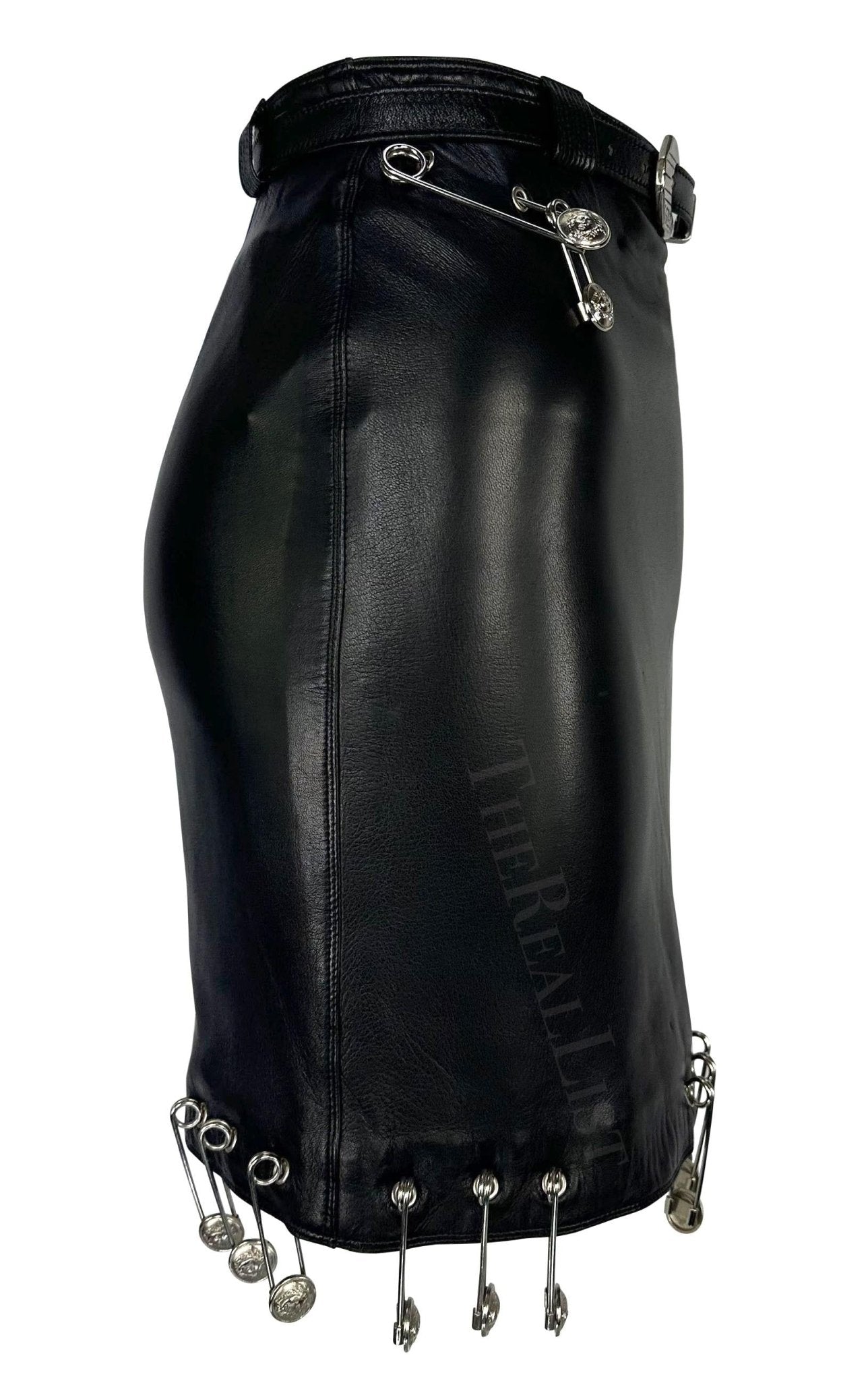 S/S 1994 Gianni Versace Safety Pin Medusa Pierced Black Leather Belted Skirt - RealList