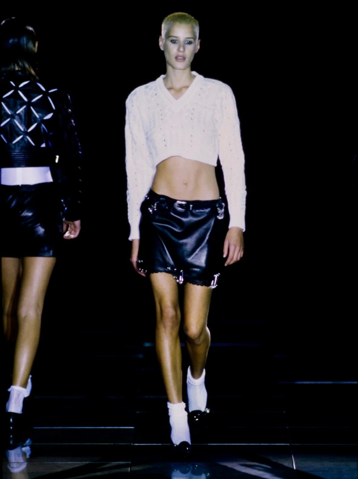 S/S 1994 Gianni Versace Safety Pin Medusa Pierced Black Leather Belted Skirt - RealList