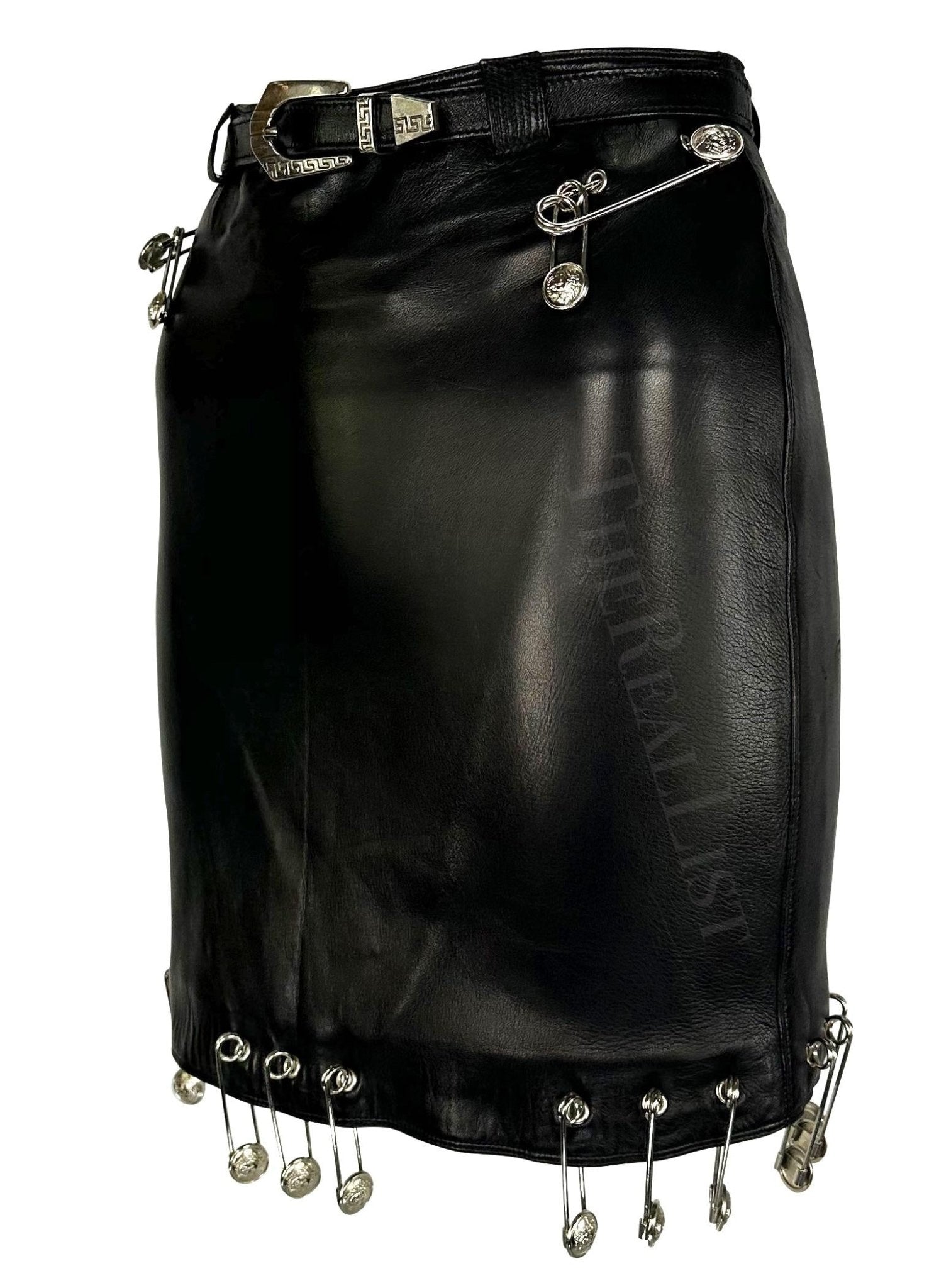 S/S 1994 Gianni Versace Safety Pin Medusa Pierced Black Leather Belted Skirt - RealList