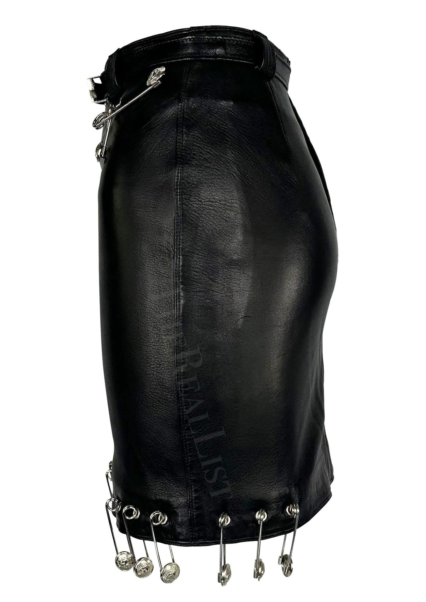 S/S 1994 Gianni Versace Safety Pin Medusa Pierced Black Leather Belted Skirt - RealList