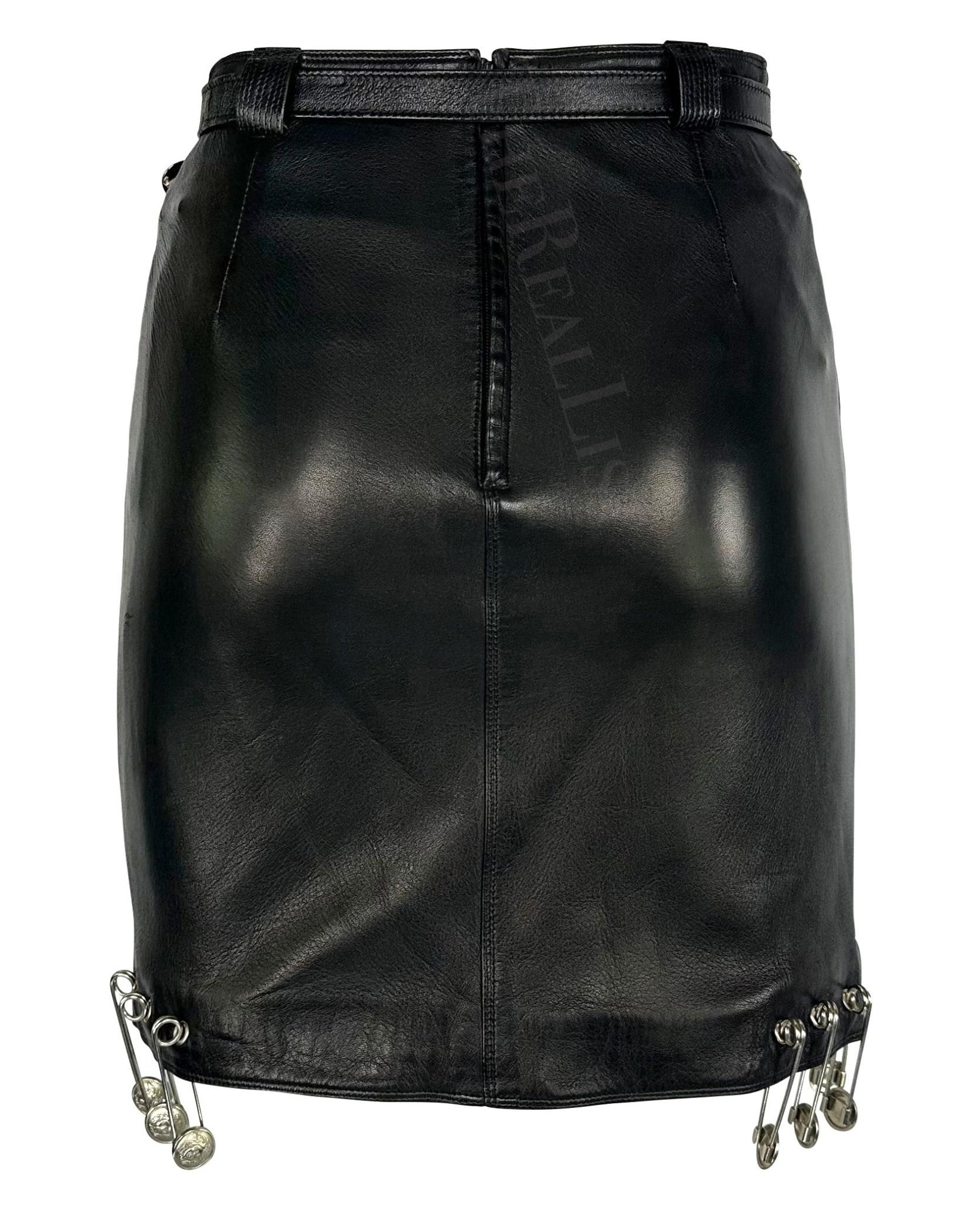 S/S 1994 Gianni Versace Safety Pin Medusa Pierced Black Leather Belted Skirt - RealList