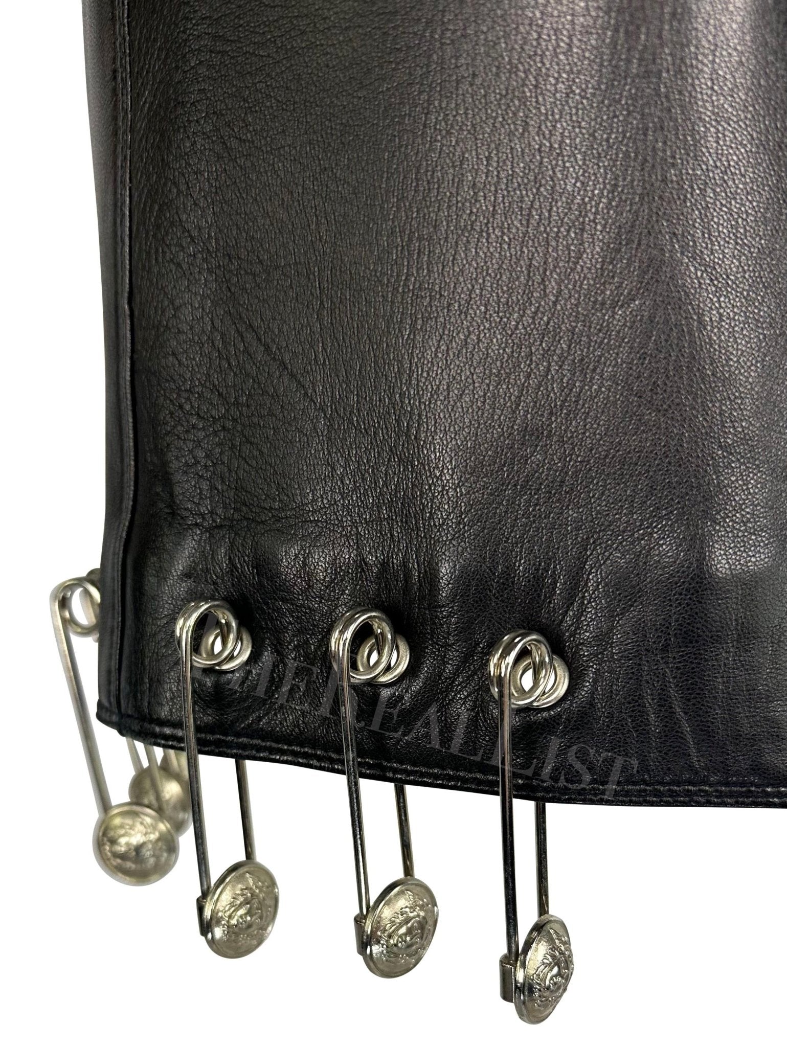 S/S 1994 Gianni Versace Safety Pin Medusa Pierced Black Leather Belted Skirt - RealList