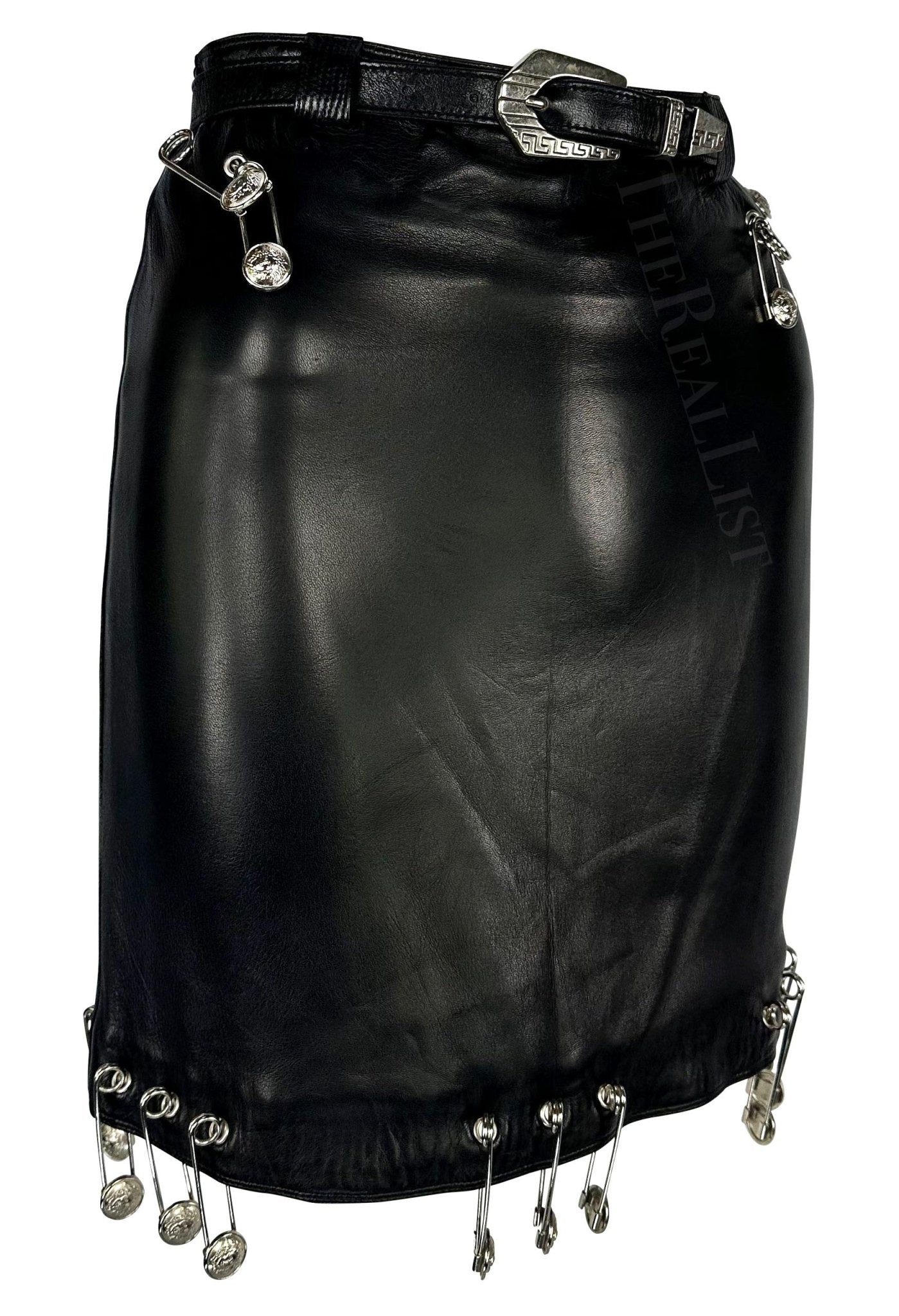 S/S 1994 Gianni Versace Safety Pin Medusa Pierced Black Leather Belted Skirt - RealList