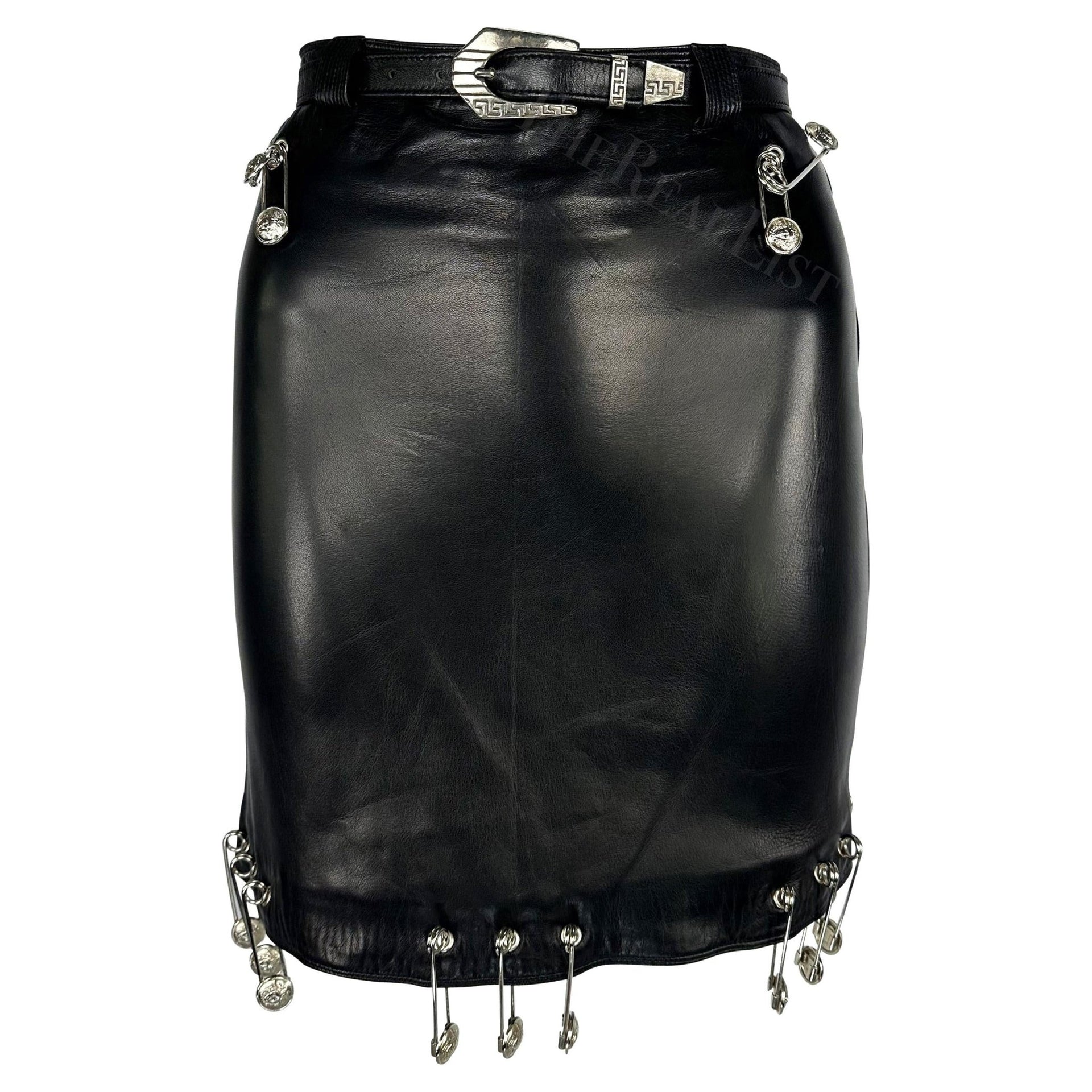 S/S 1994 Gianni Versace Safety Pin Medusa Pierced Black Leather Belted Skirt - RealList