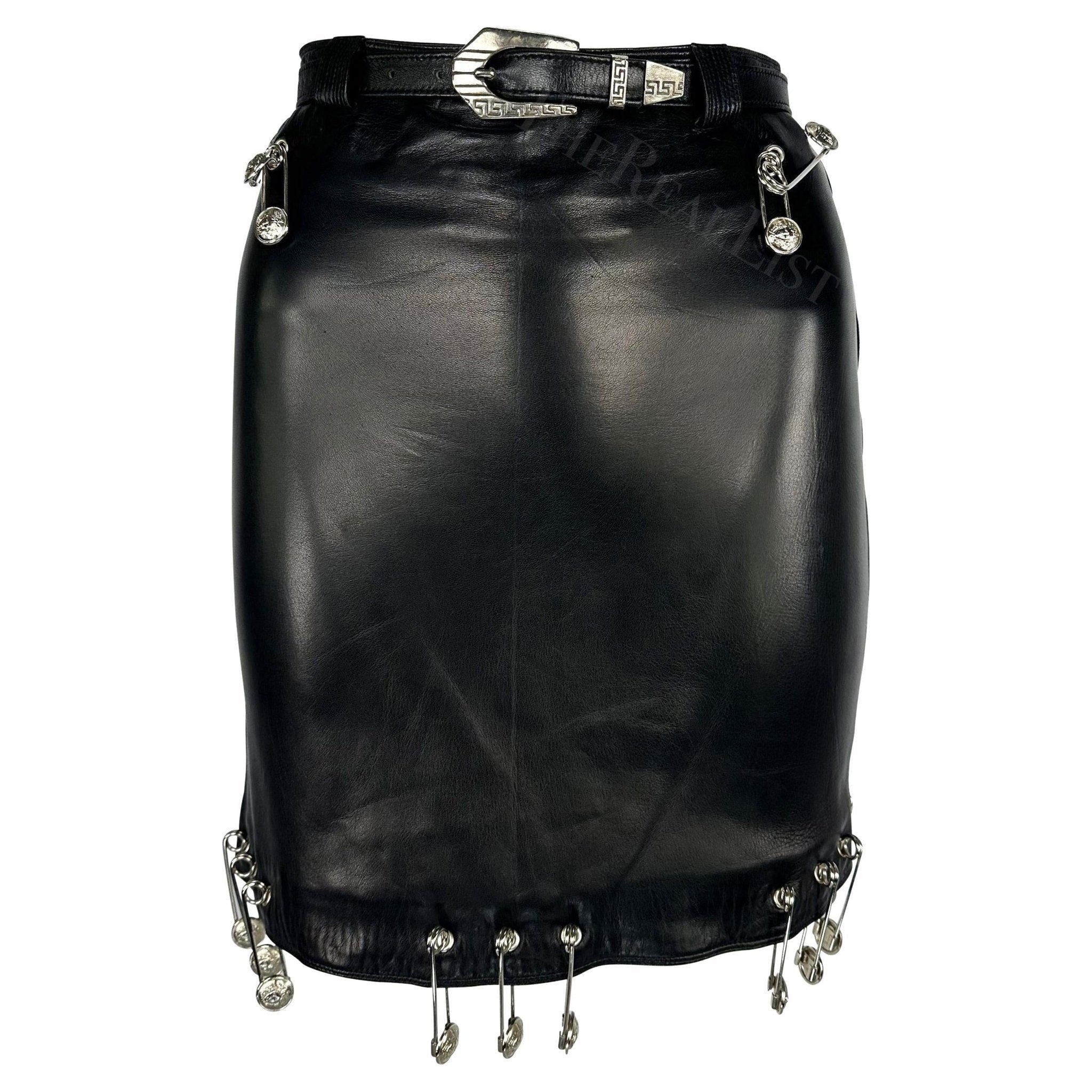 S/S 1994 Gianni Versace Safety Pin Medusa Pierced Black Leather Belted Skirt - RealList