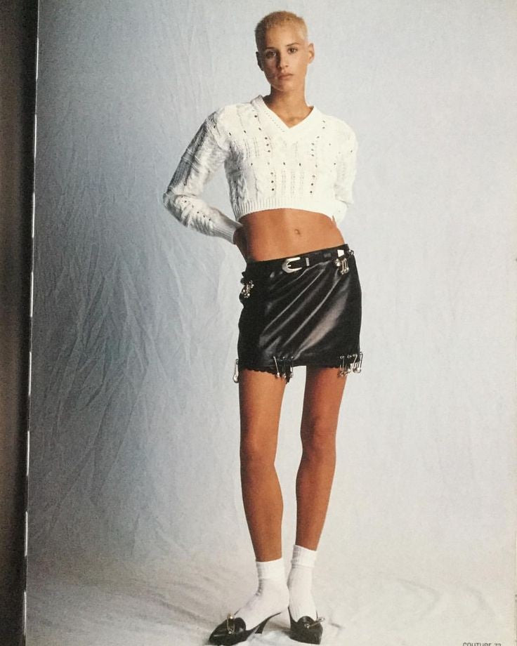 S/S 1994 Gianni Versace Safety Pin Medusa Pierced Black Leather Belted Skirt - RealList