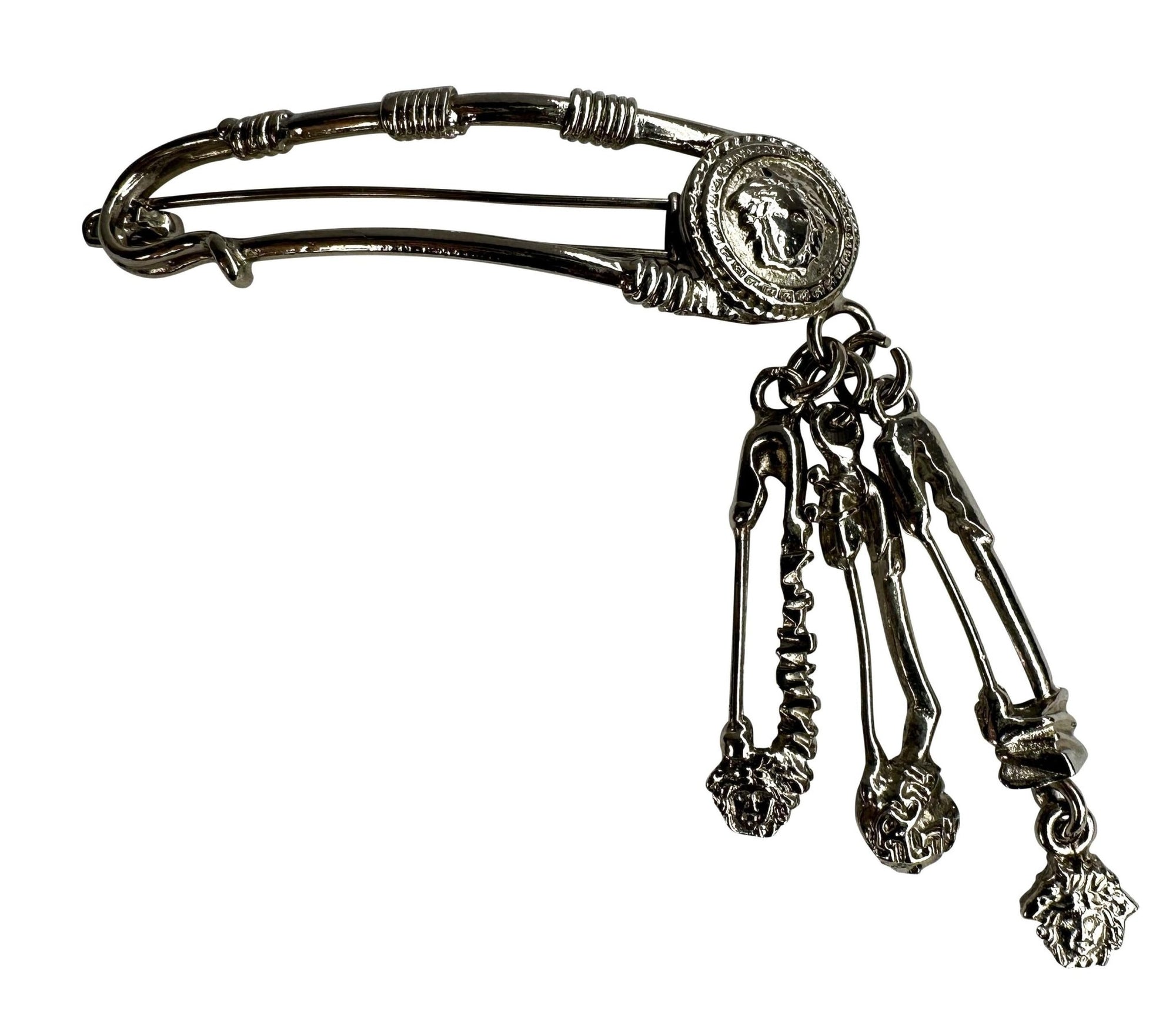 S/S 1994 Gianni Versace Silver Tone Safety Pin Medusa Pendent Hair Clip - RealList