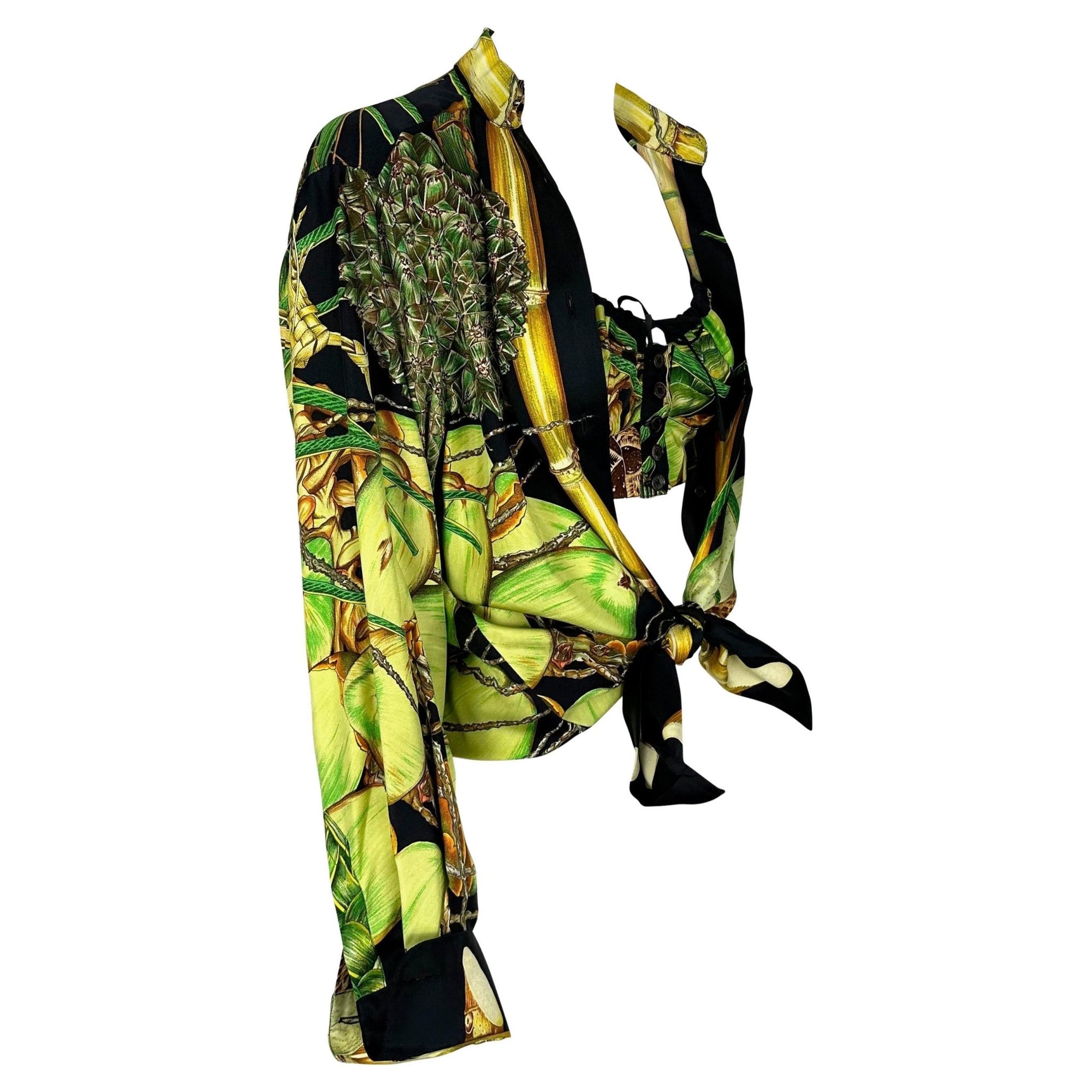 S/S 1994 Hermès Runway Jardin Créole Print Black Green Silk Bralette Top Set - RealList