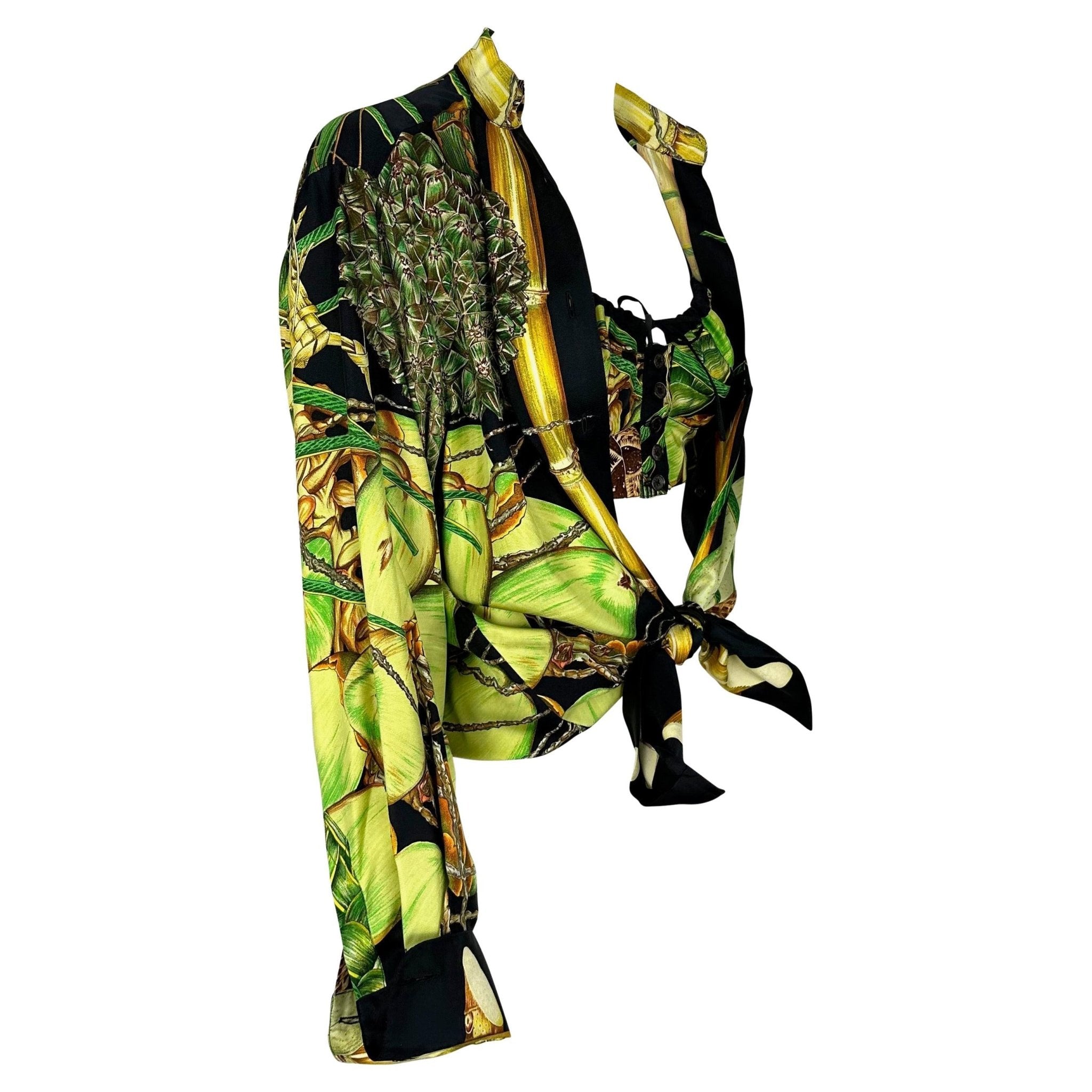 S/S 1994 Hermès Runway Jardin Créole Print Black Green Silk Bralette Top Set - RealList