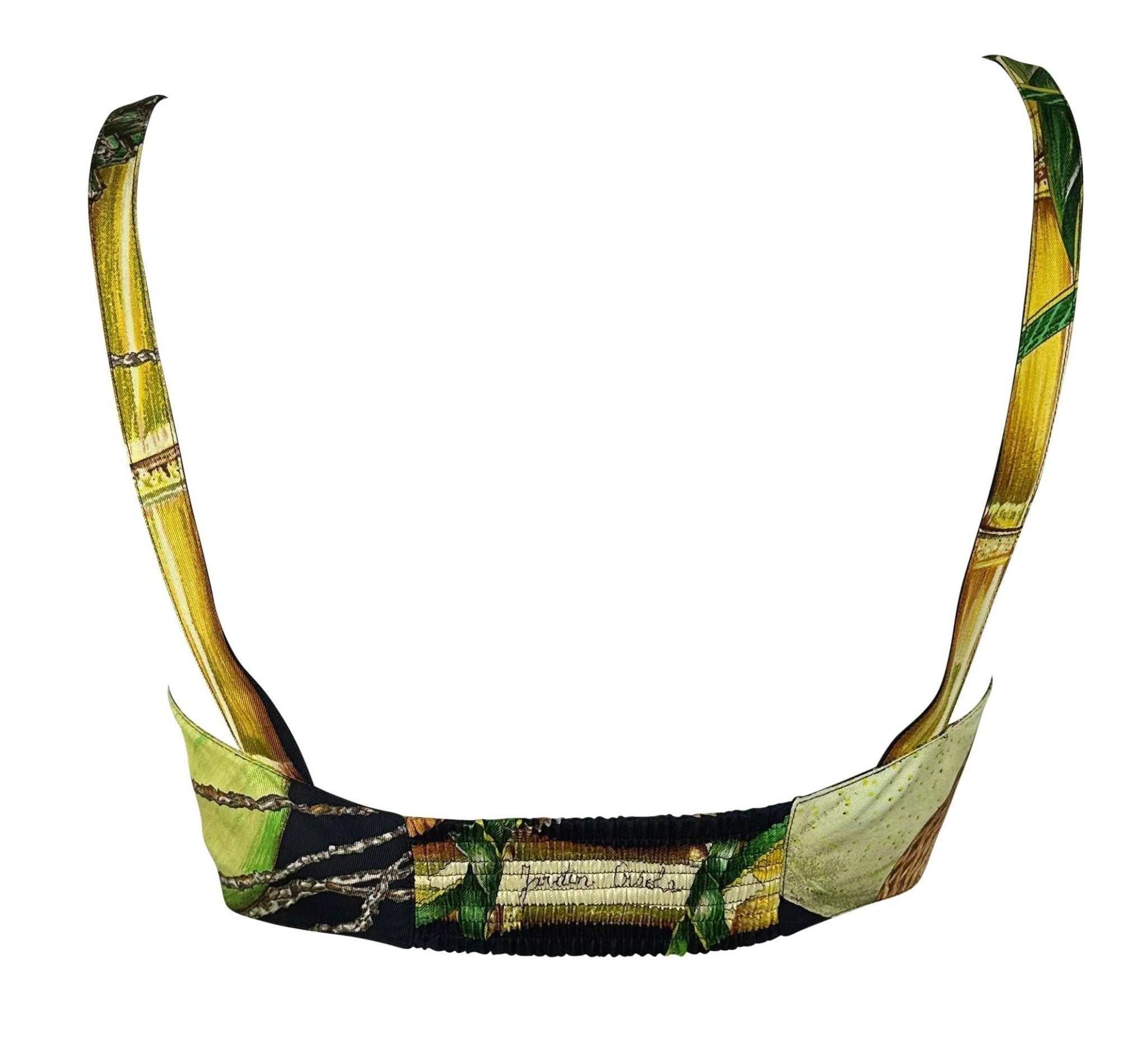 S/S 1994 Hermès Runway Jardin Créole Print Black Green Silk Bralette Top Set - RealList