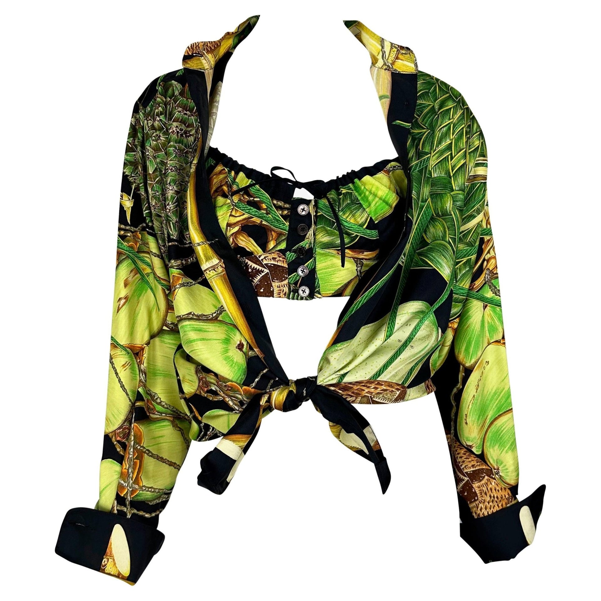 S/S 1994 Hermès Runway Jardin Créole Print Black Green Silk Bralette Top Set - RealList