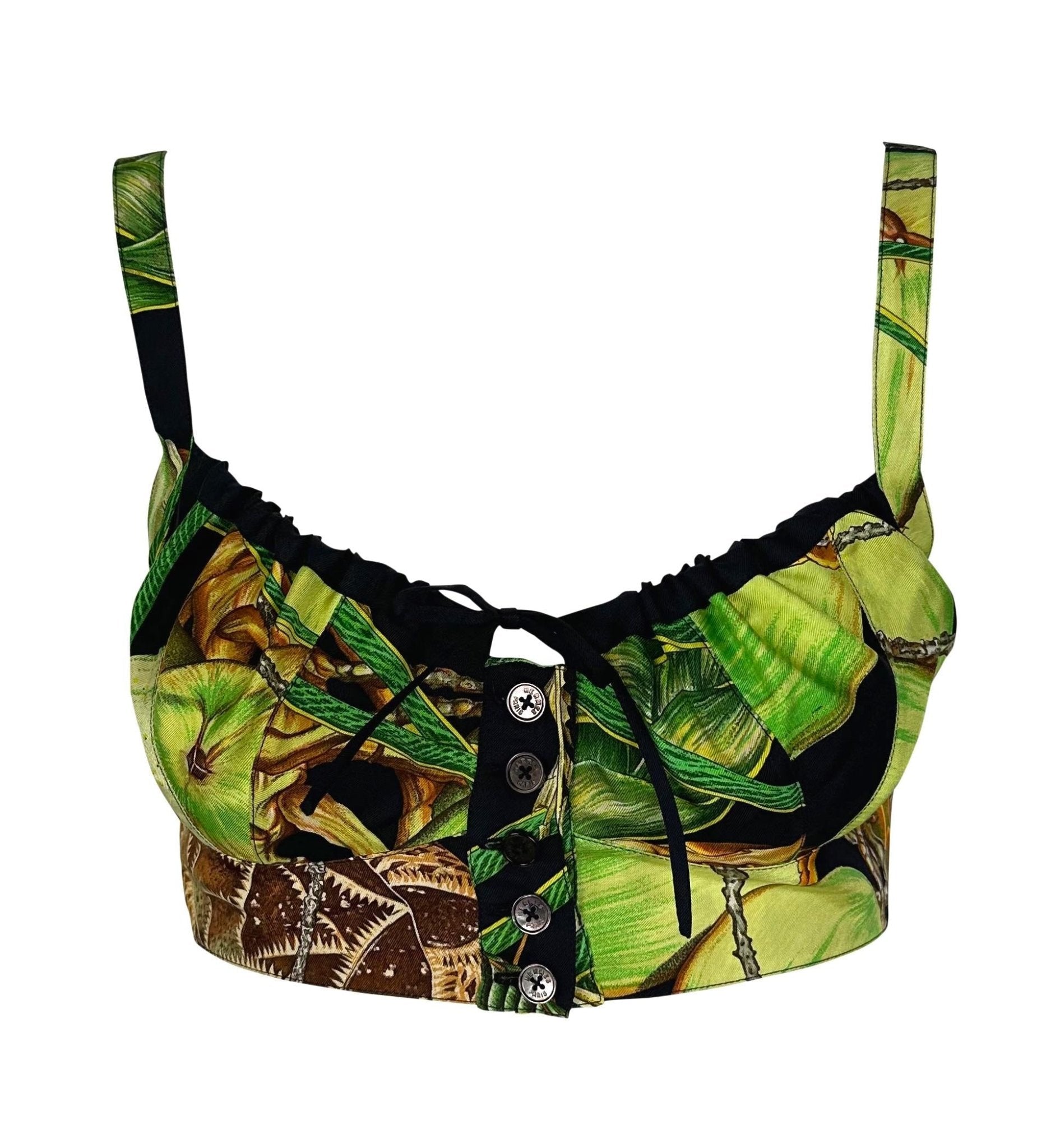 S/S 1994 Hermès Runway Jardin Créole Print Black Green Silk Bralette Top Set - RealList