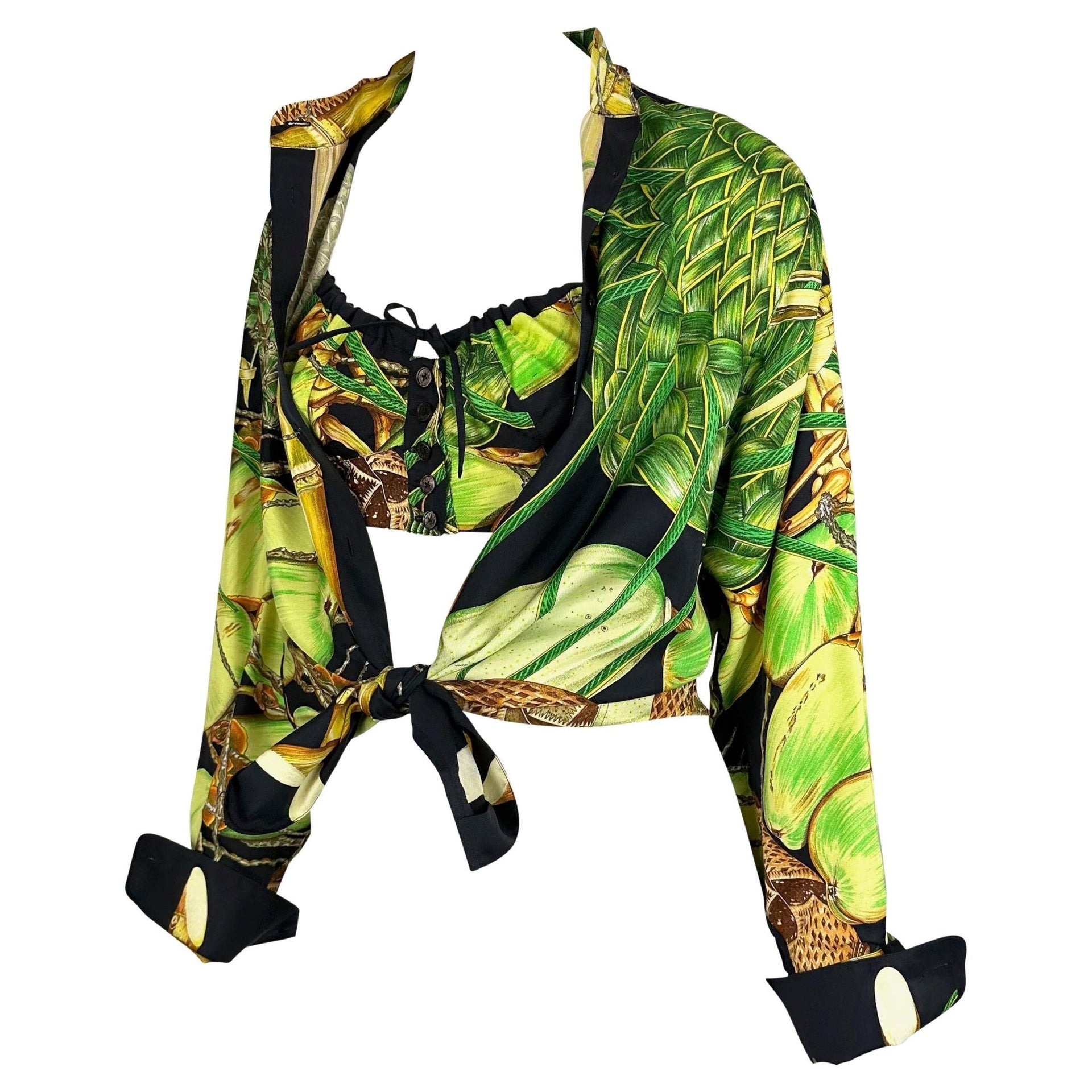 S/S 1994 Hermès Runway Jardin Créole Print Black Green Silk Bralette Top Set - RealList